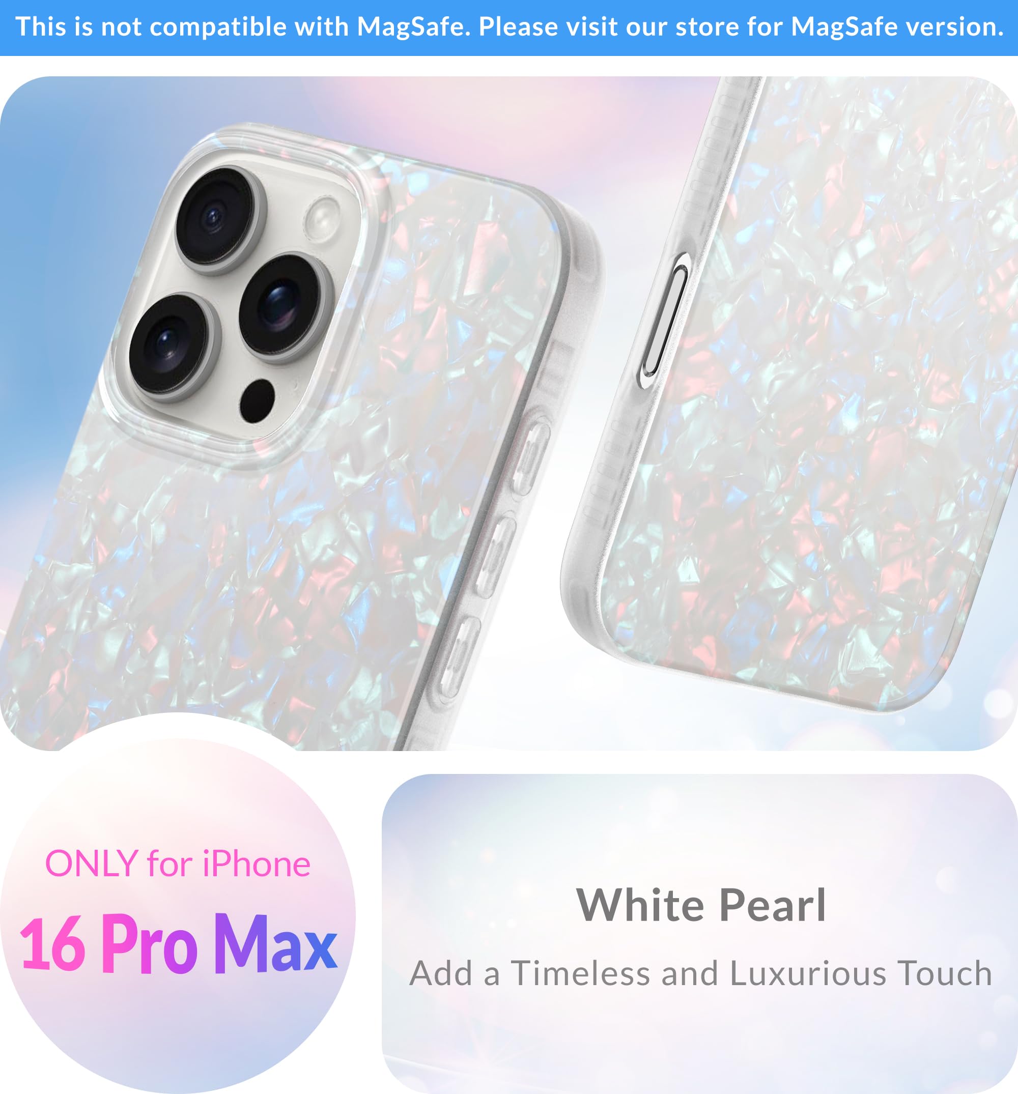 Lonli Hue   For Iphone 16 Pro Max Case   White Pearl Tort Phone Case   [360 Shock Absorbent Bumper]   Cute, Unique And Aesthetic
