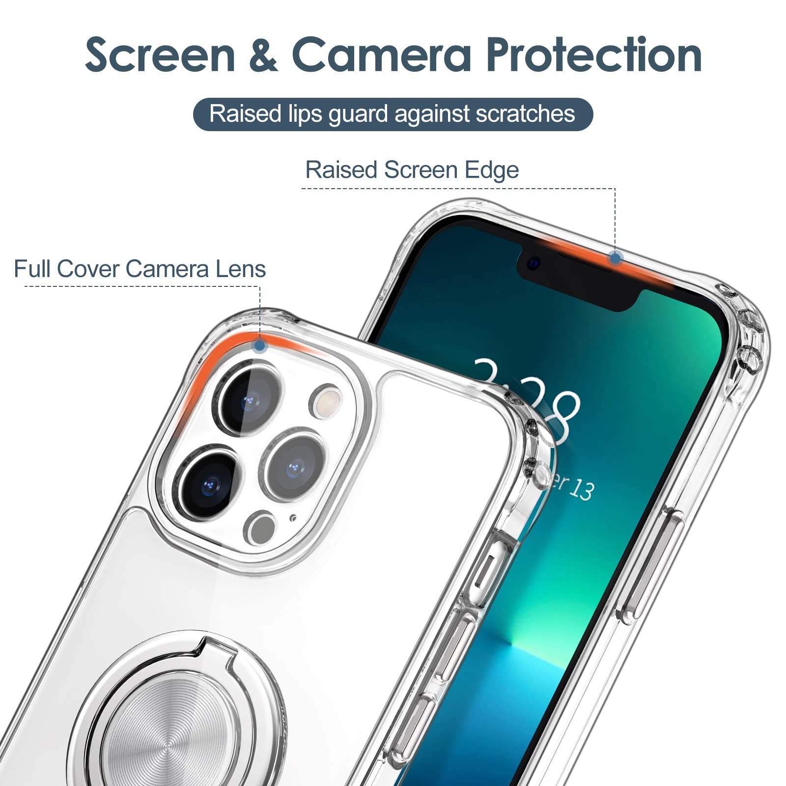 Hython For Iphone 13 Pro Max Case With Ring Stand [360 Rotatable Ring Holder Magnetic Kickstand] [Support Car Mount] Transparent