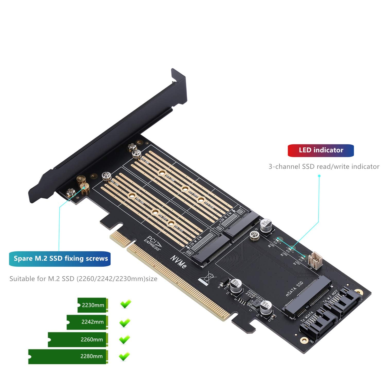 3 In 1 M.2 And Msata Ssd Adapter Card For M.2 Nvme To Pcie Adapter,M.2 Sata Ssd To Sata Iii Adapter,Msata To Sata Adapter (With 2 Aluminum Heatsink)