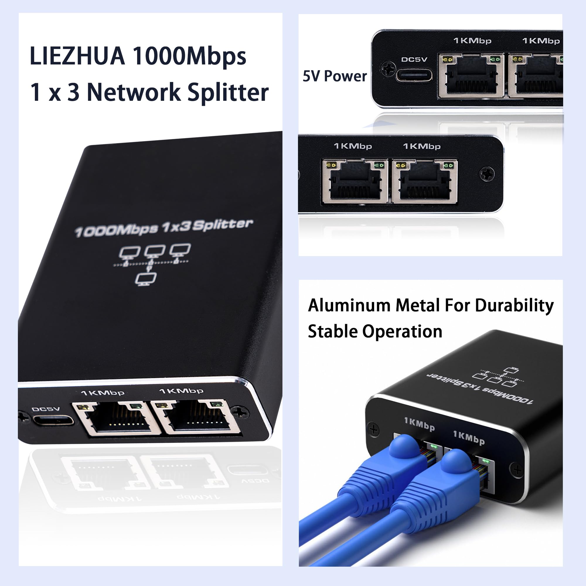 Liezhua Upgrade Ethernet Splitter 1 To 3 High Speed 1000Mbps, Lan Splitter With Usb Power Cable, Rj45 Splitter For Cat5/5E/6/7/8