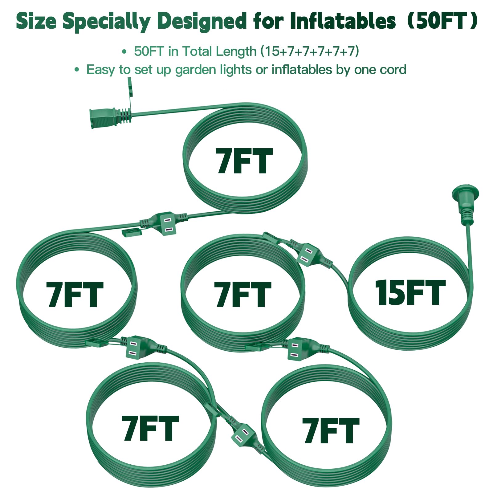 50Ft Outdoor Extension Extension Cord For Halloween Christmas Inflatables With Multiple Outlets Green Electrical Cord With Multi