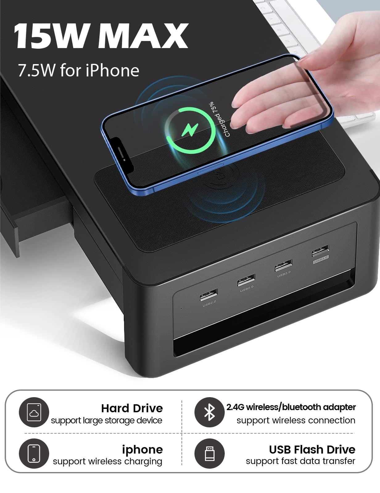 Meatanty Dual Monitor Stand Riser With 2 Drawers,4 Usb Ports And Charging Pad,Metal Monitor Stand For 2 Monitors Supports Transf