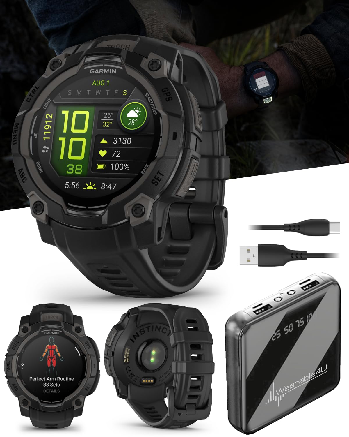 Wearable4U Garmin Instinct 3 45Mm, Amoled Display, Rugged Outdoor Gps Smartwatch, Metal Reinforced Bezel, Built In Flashlight, U