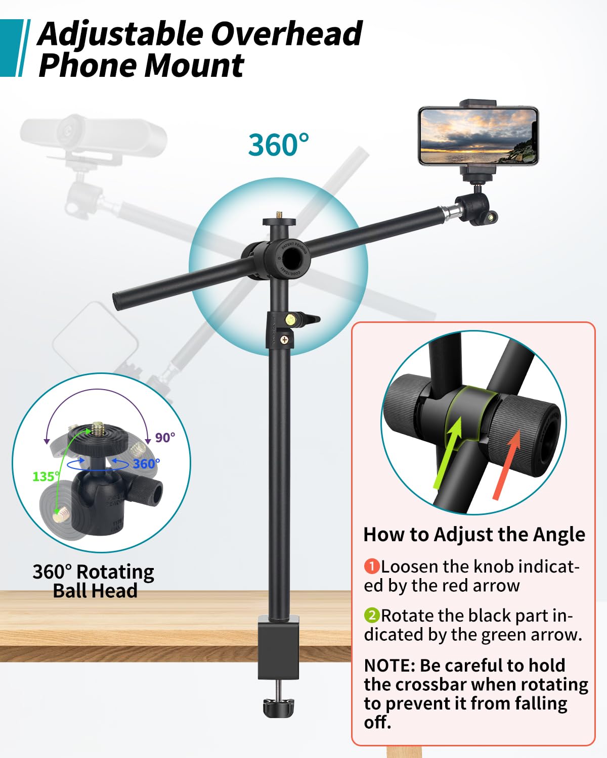 Jebutu Overhead Camera Mount Desk Stand With 360Adjustable Holding Arm, Camera Mount Boom Arm Stand, Webcam Desk Mount With Magi