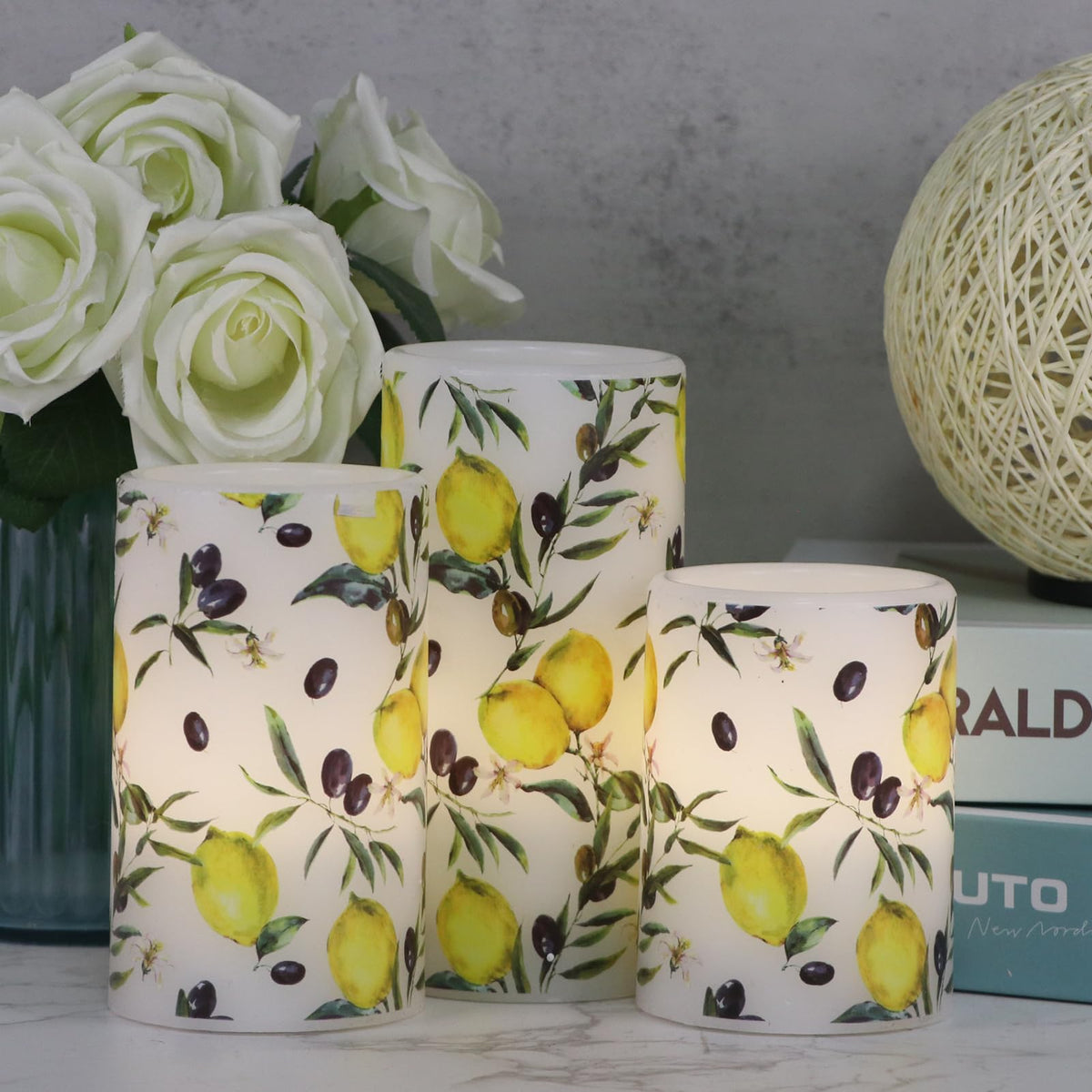 Dromance Flameless Pillar Wax Candles With 6 Hour Timer Battery Operated 3 Packs Lemon Decals Led Flickering Candles Yellow Ligh