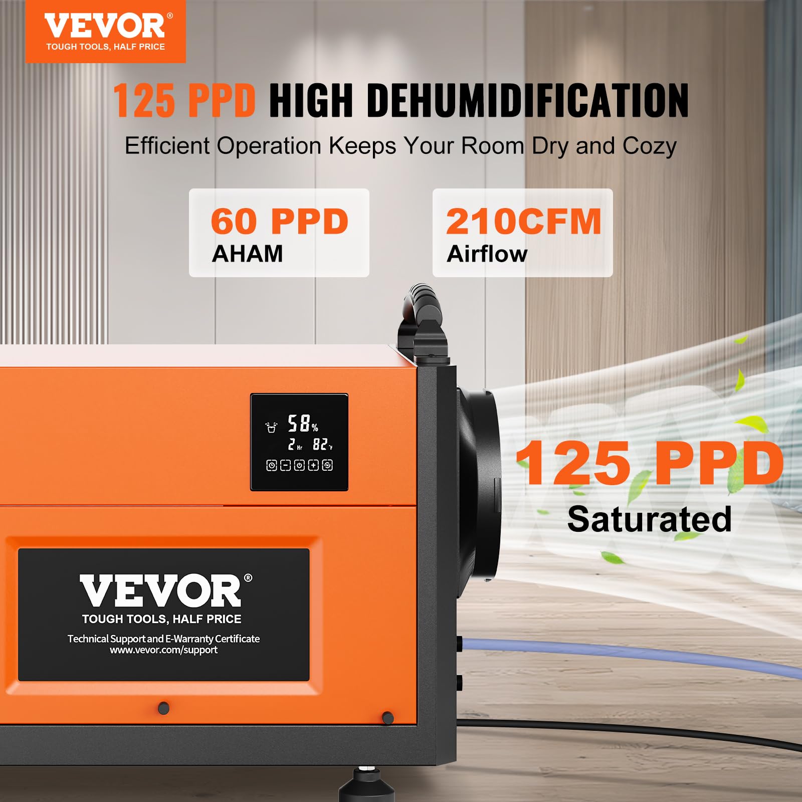 Vevor 125 Pints Commercial Dehumidifier With Drain Hose For Crawl Spaces, Basements Warehouse & Job Sites, Large Capacity Dehumi