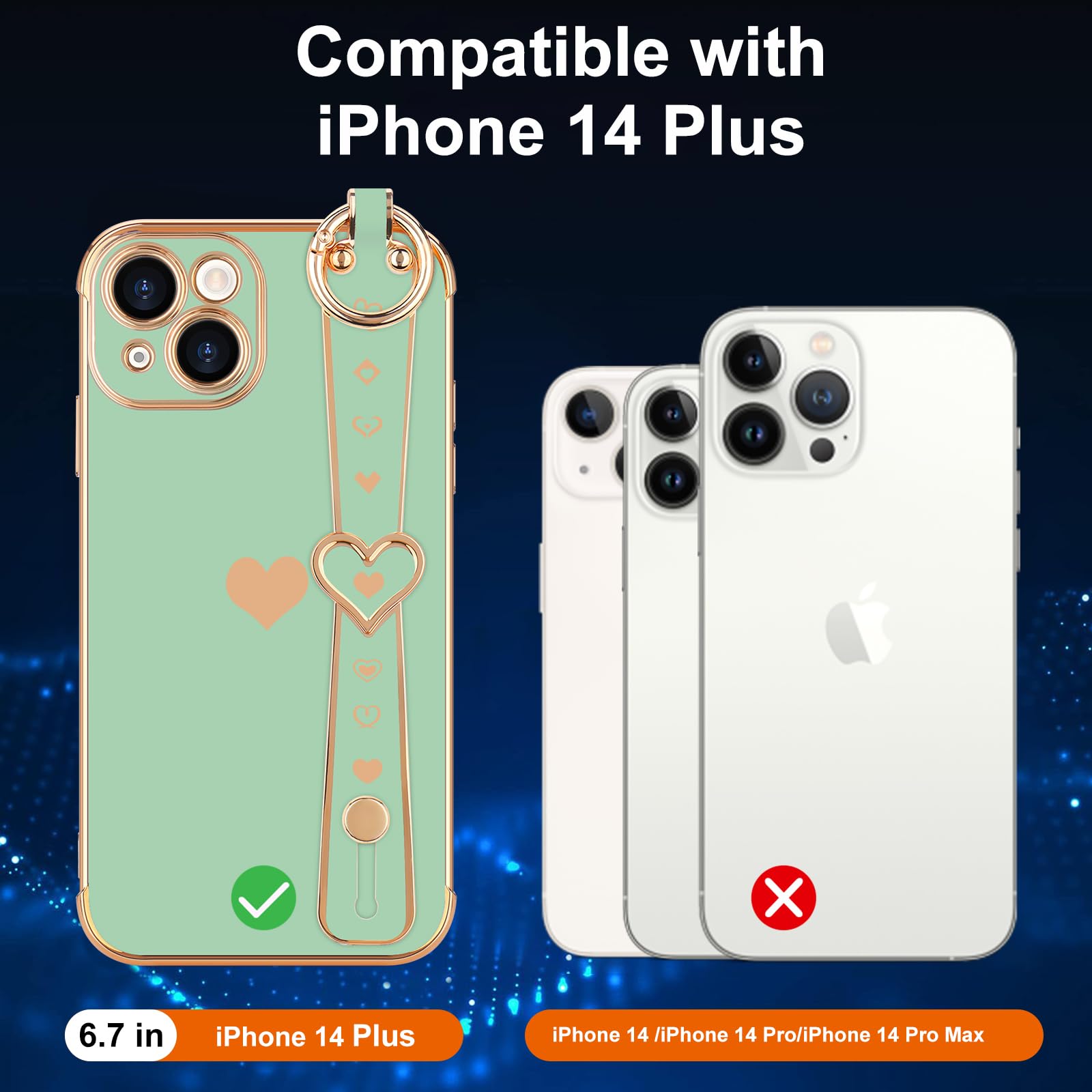 Llz.Coque For Iphone 14 Plus Case Cute Love Heart Plating Strap Phone Cover For Women Girls Bling Silicone Camera Lens Protectio