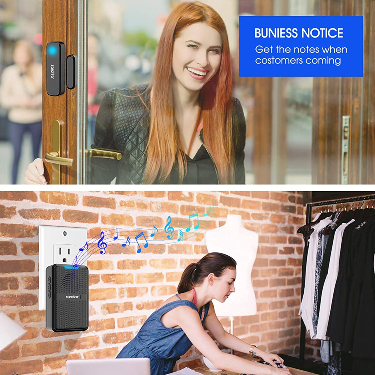 Stechro Door Chime, Wireless Door Open Contact Sensor Alarm With 600Ft Range, 62 Chimes 5 Adjustable Volumes For Business/Home/O