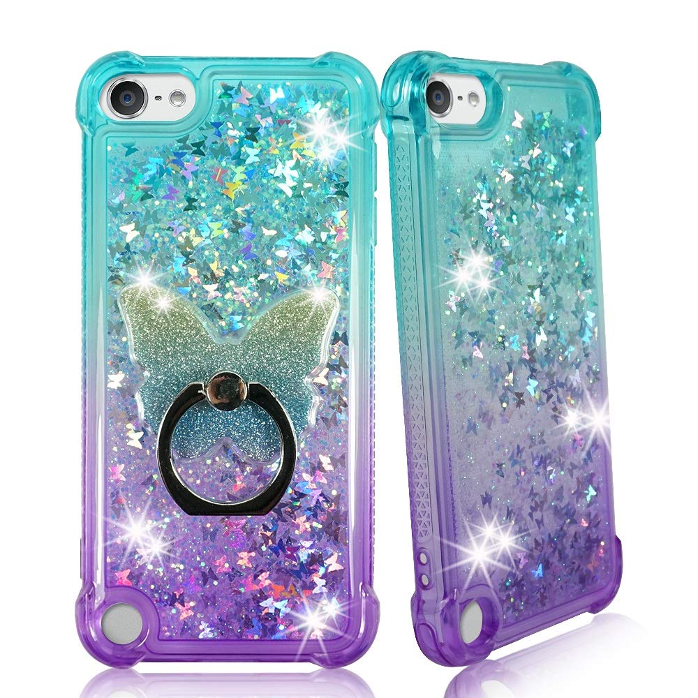 Zase Design Case Compatible With Ipod Touch 7Th, 6Th, 5Th Gen Liquid Glitter Sparkle Bling Shockproof Cute Floating 3D Butterfli