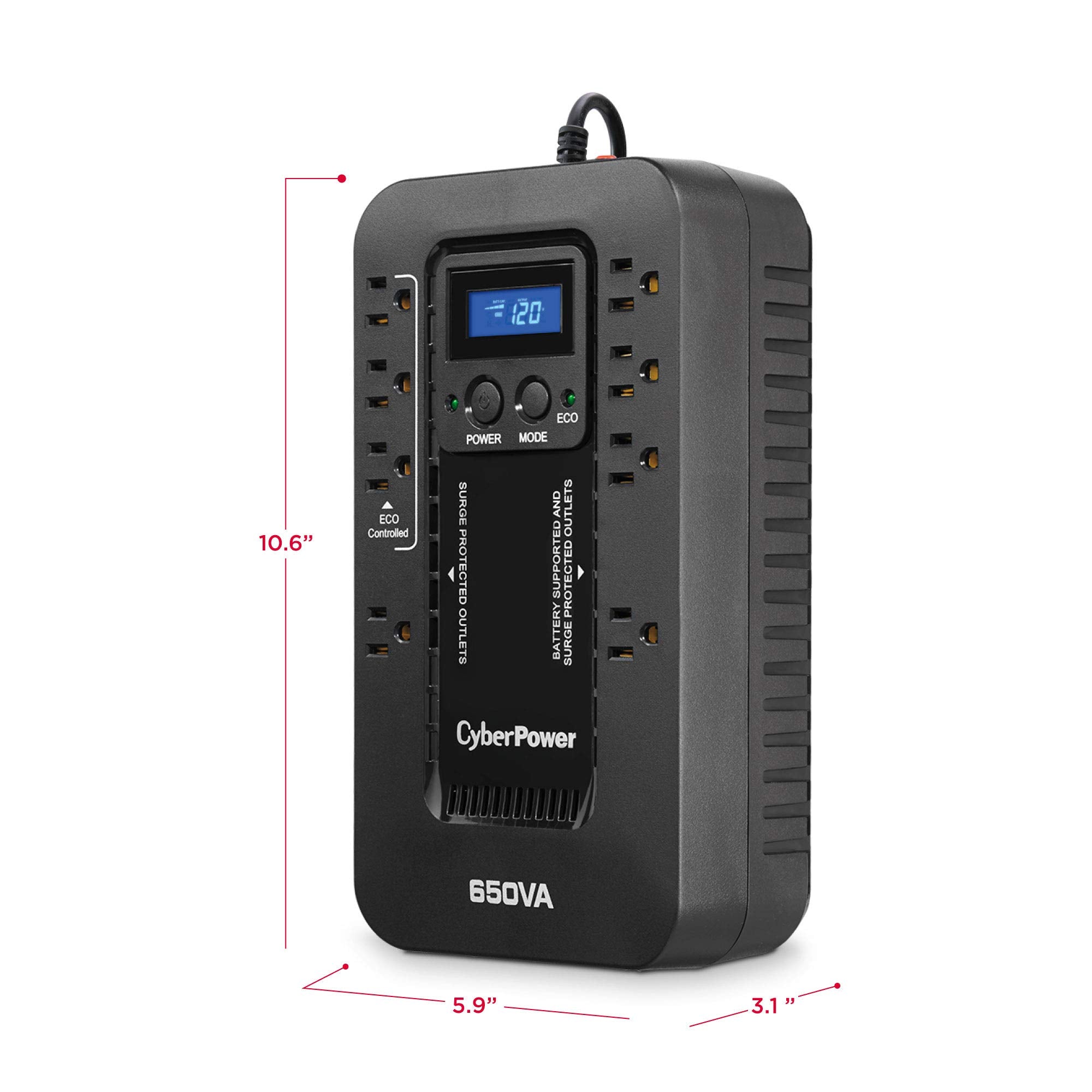 CyberPower EC650LCD 650VA/390W UPS Battery Backup & Surge Protector, 8 Outlets, ECO Mode, Compact Design, Black