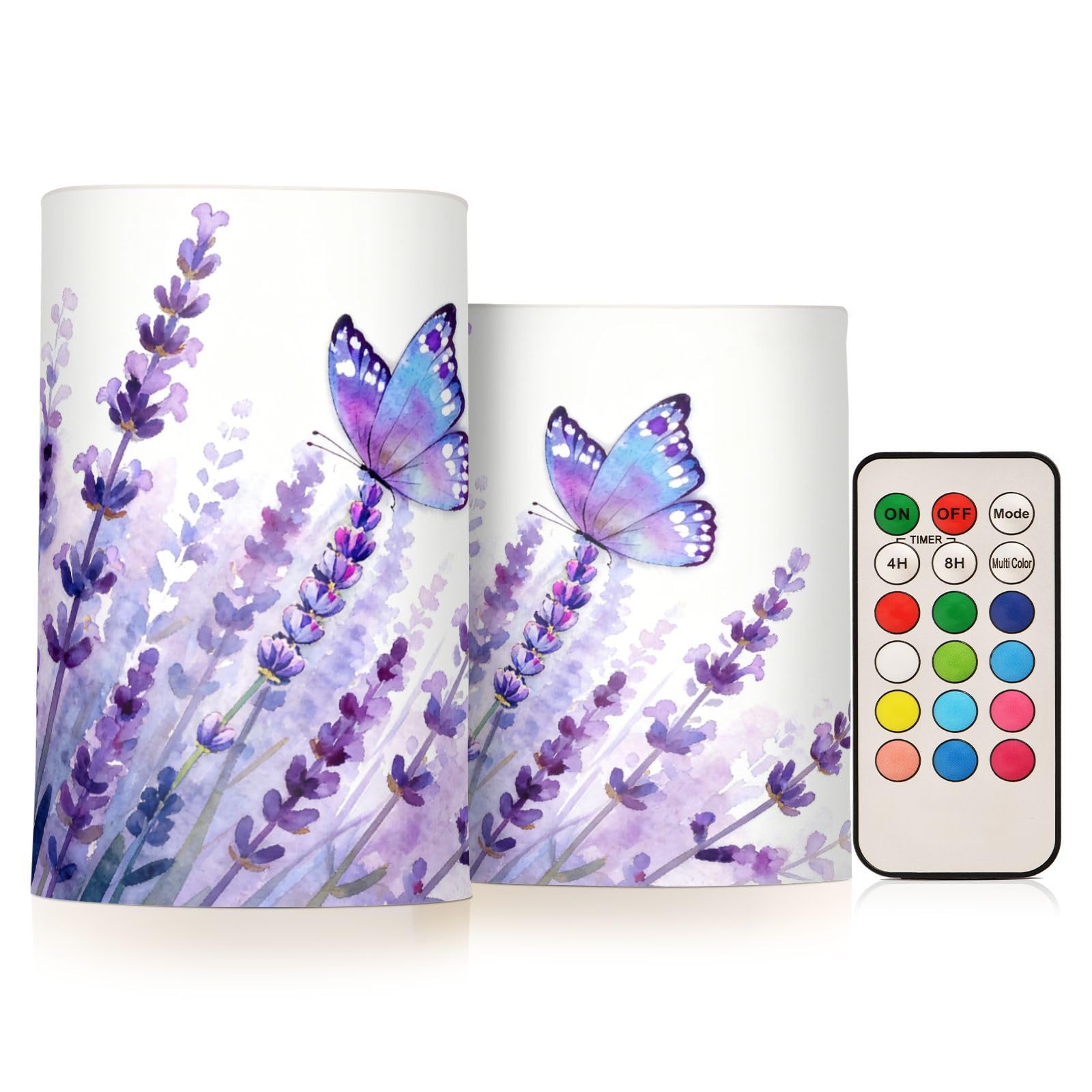 BOENLE Flickering Flameless Candles, Lavender Butterfly Purple LED Candles with Remote Timer, Set of 2 Battery Operated Candle f