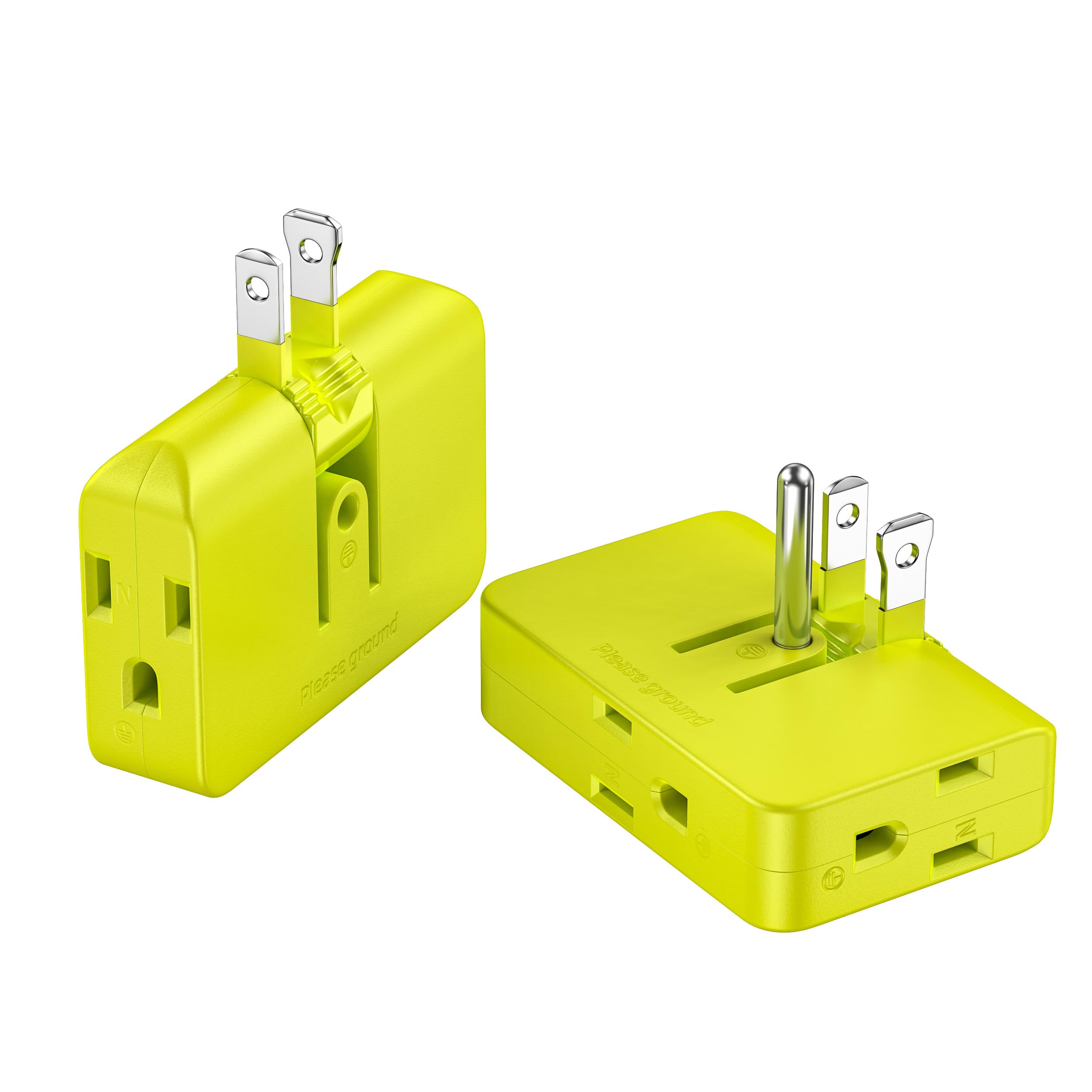 2 Pack Plug Splitter   3 Prong Wall Adapter With 2 To 3 Prong Outlet Converter, Safe & Space Saving Plug Extender, Yellow