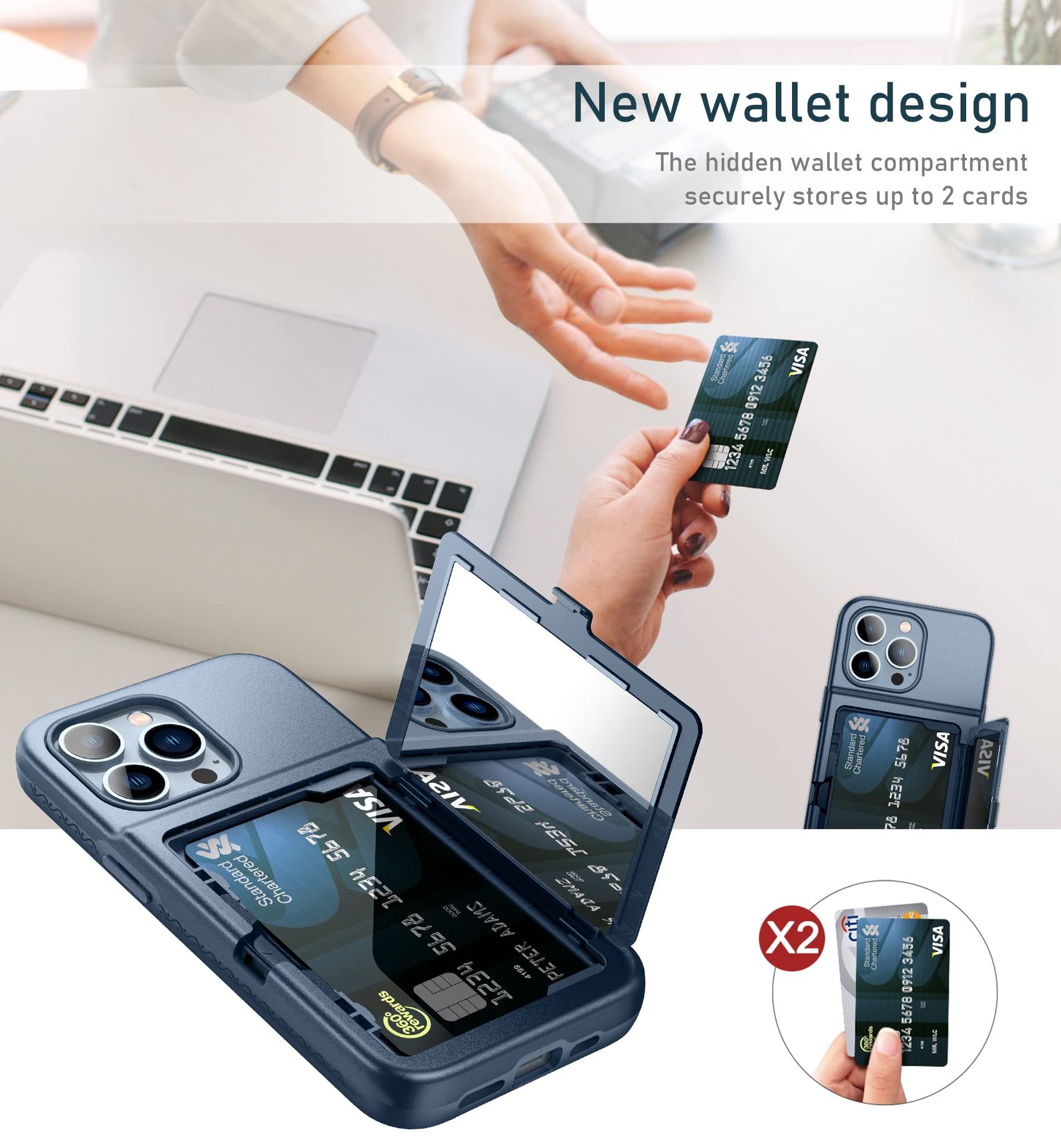 Welovecase For Iphone 13 Pro Wallet Case For Women With Credit Card Holder & Hidden Mirror, Two Layer Shockproof Heavy Duty Prot