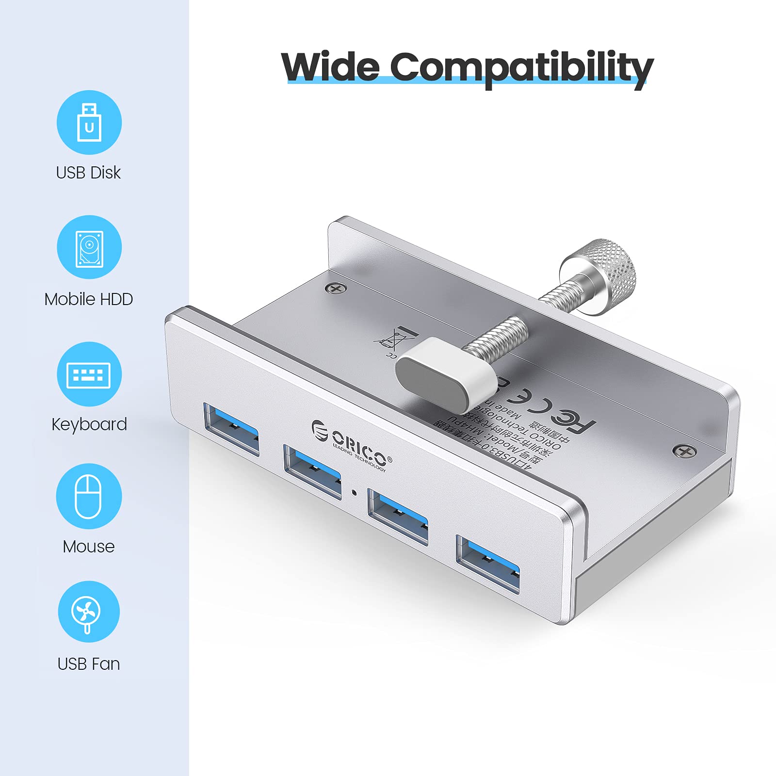 ORICO USB 3.0 Hub, USB Hub Clamp, Aluminum 4 Port USB Splitter with Extra Power Supply Port and 4.92 FT USB A to USB A and USB A to USB C Cable, Desktop Powered USB Hub for Monitors/Desks Silver