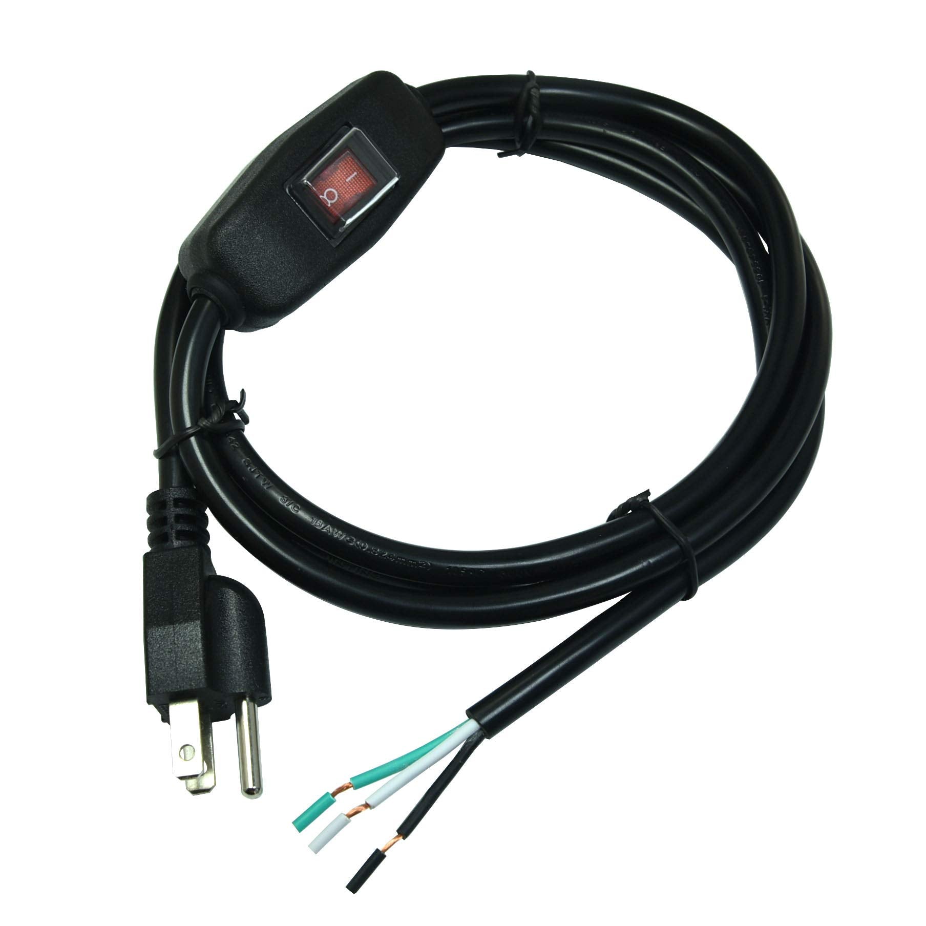 Filshu 6Ft 18 Gauge 3 Prong Ac Power Cord Cable With On Off Switch, Pigtail (Open End Wiring), Nema 5 15 Plug Us Sjtw 18Awg (10A