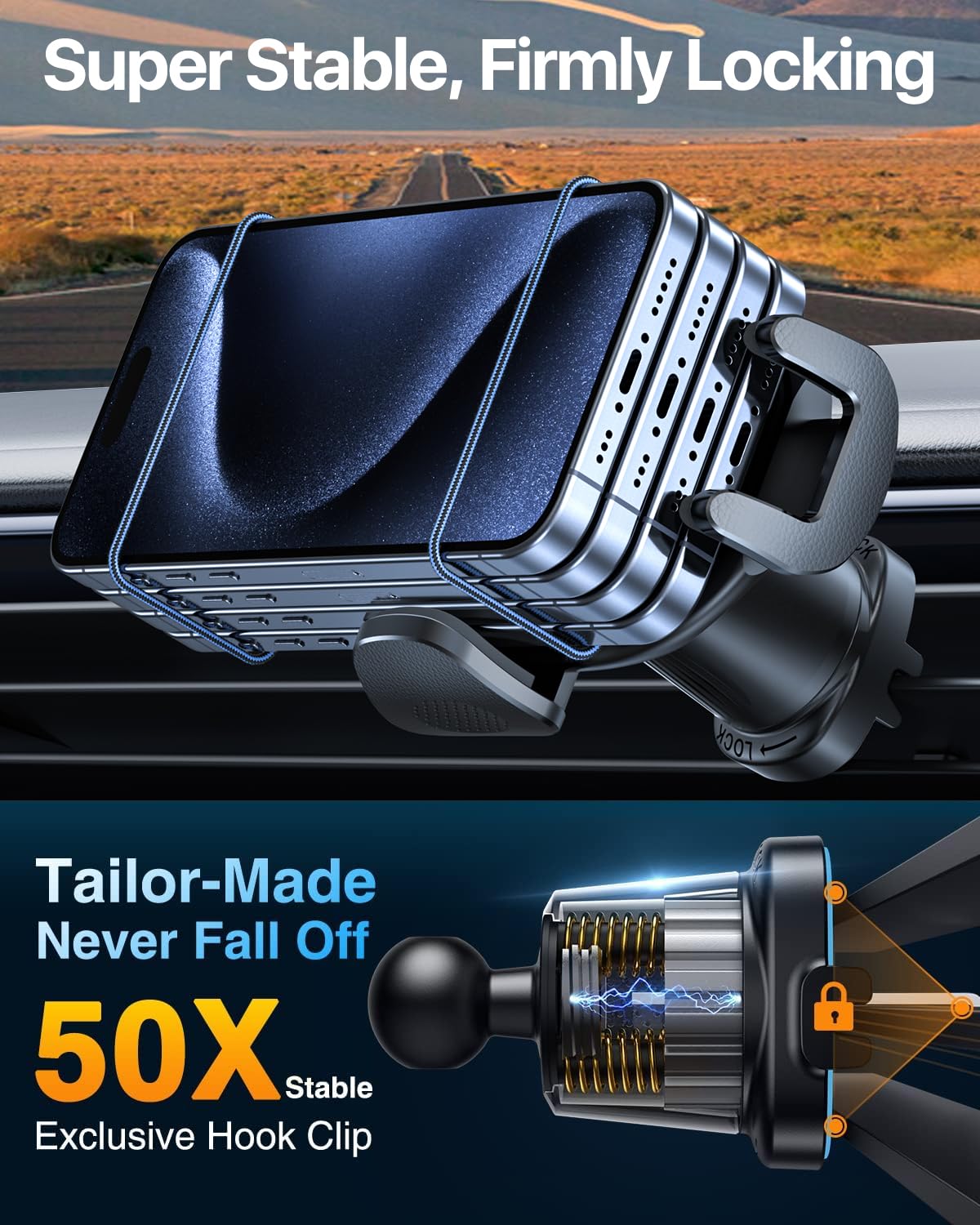 Yru Car Phone Holder [2025 Upgraded Metal Hook Clip], Phone Holders For Your Car [No Fear Of Bumps] Air Vent Phone Mount Widely