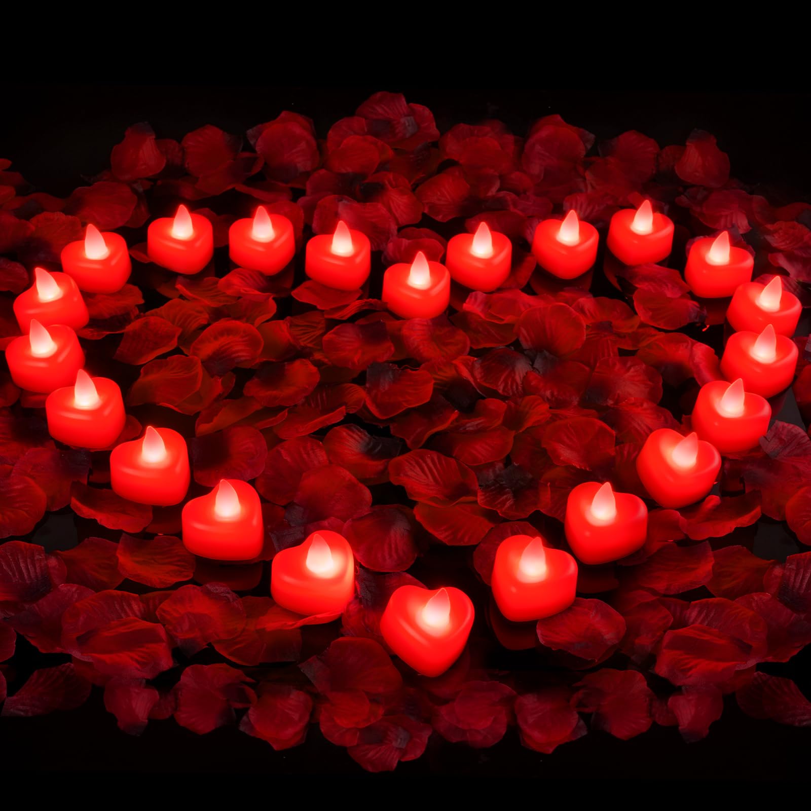 Amagic 4000 Pieces Red Artificial Rose Petals With 50 Red Heart Led Tea Lights, Rose Petals And Candles Set For Proposal, Annive