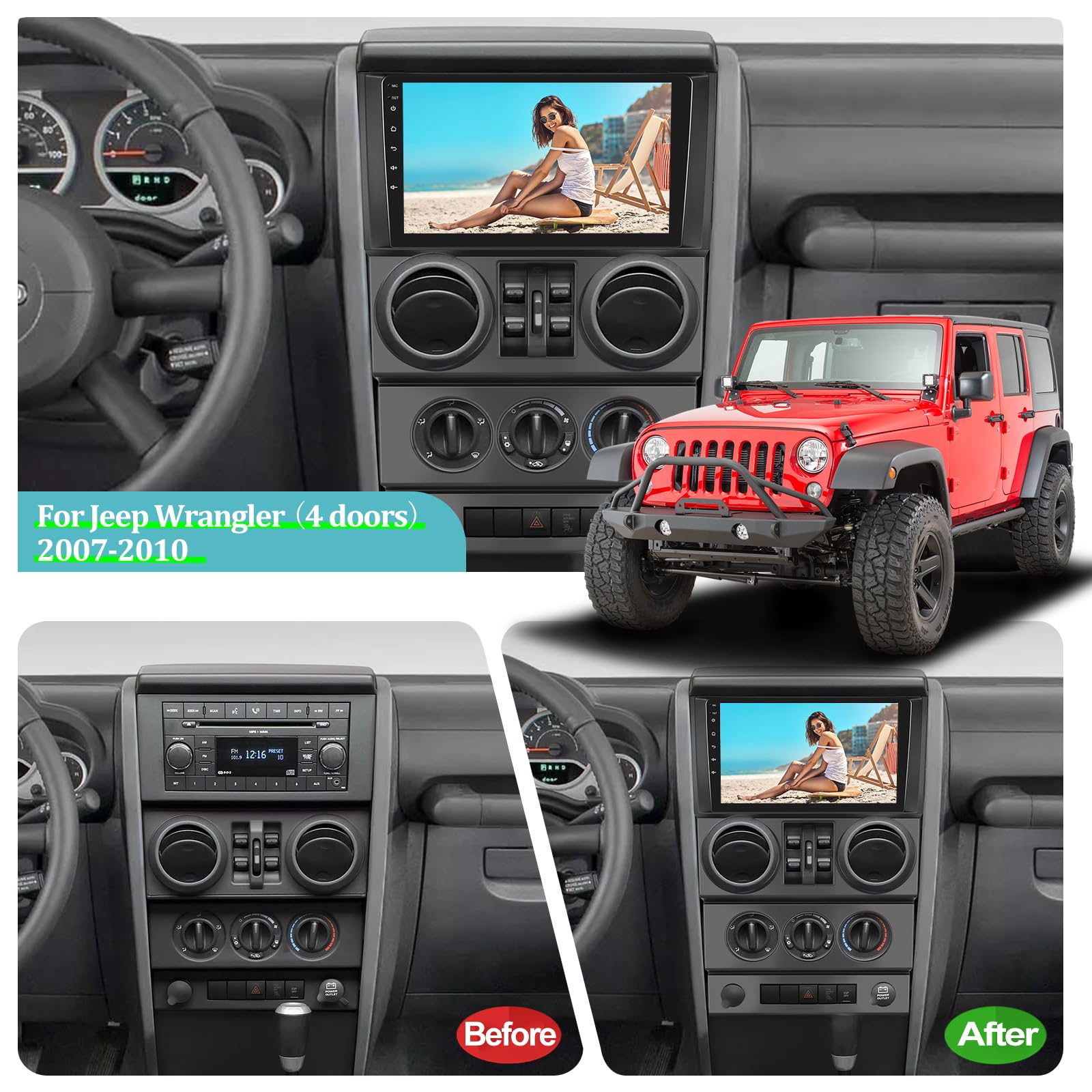 For Jeep Wrangler (4 Doors) 2007 2008 2009 2010 With Wireless Apple Carplay And Android Auto, 2+32G 9 Inch Touchscreen Android C