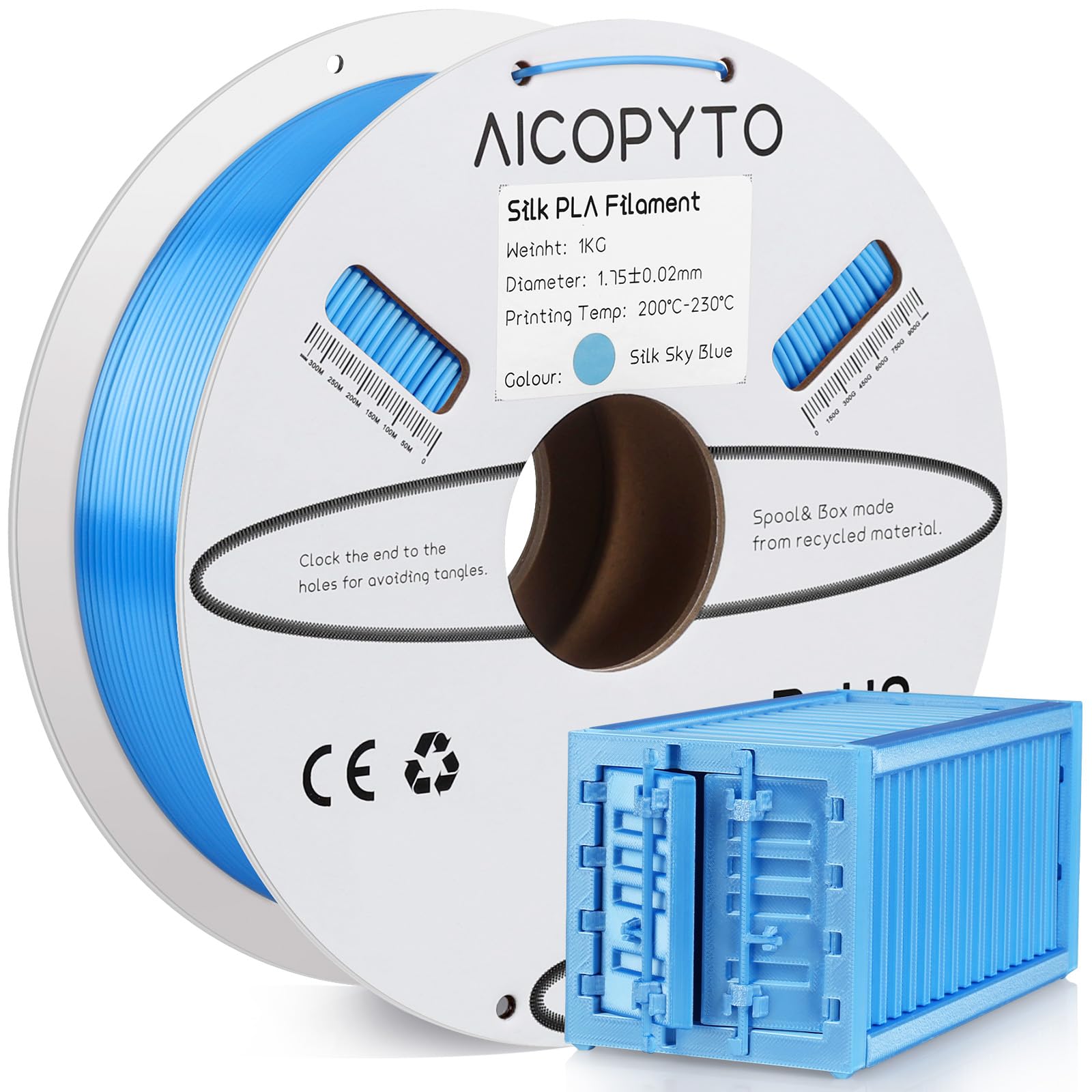 AICOPYTO Silk Sky Blue PLA Filament 1.75mm, 3D Printer Silk PLA Blue Filament 1KG Spool(2.2lbs) Dimensional Accuracy Probability