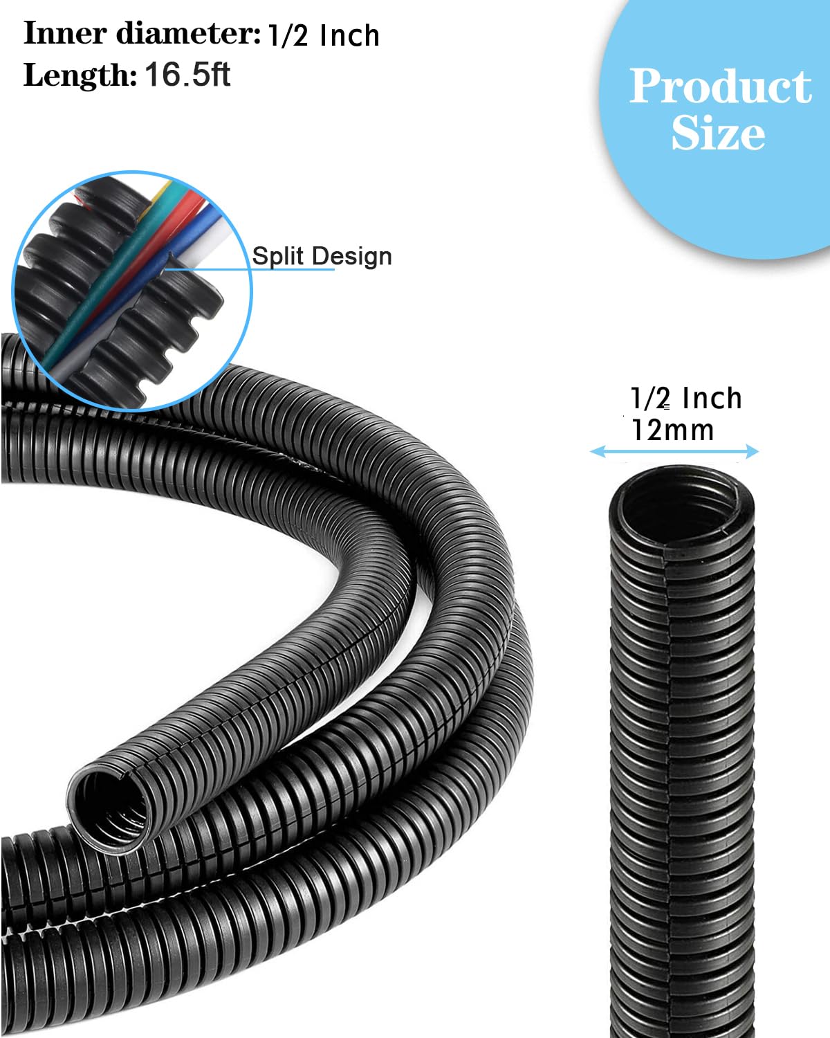 1/2 Inch Wire Loom Split Tubing   16.5 Ft Cord Protector Electric Wires Covers, Automotive Wire Flexible Conduit, Plastic Wire C