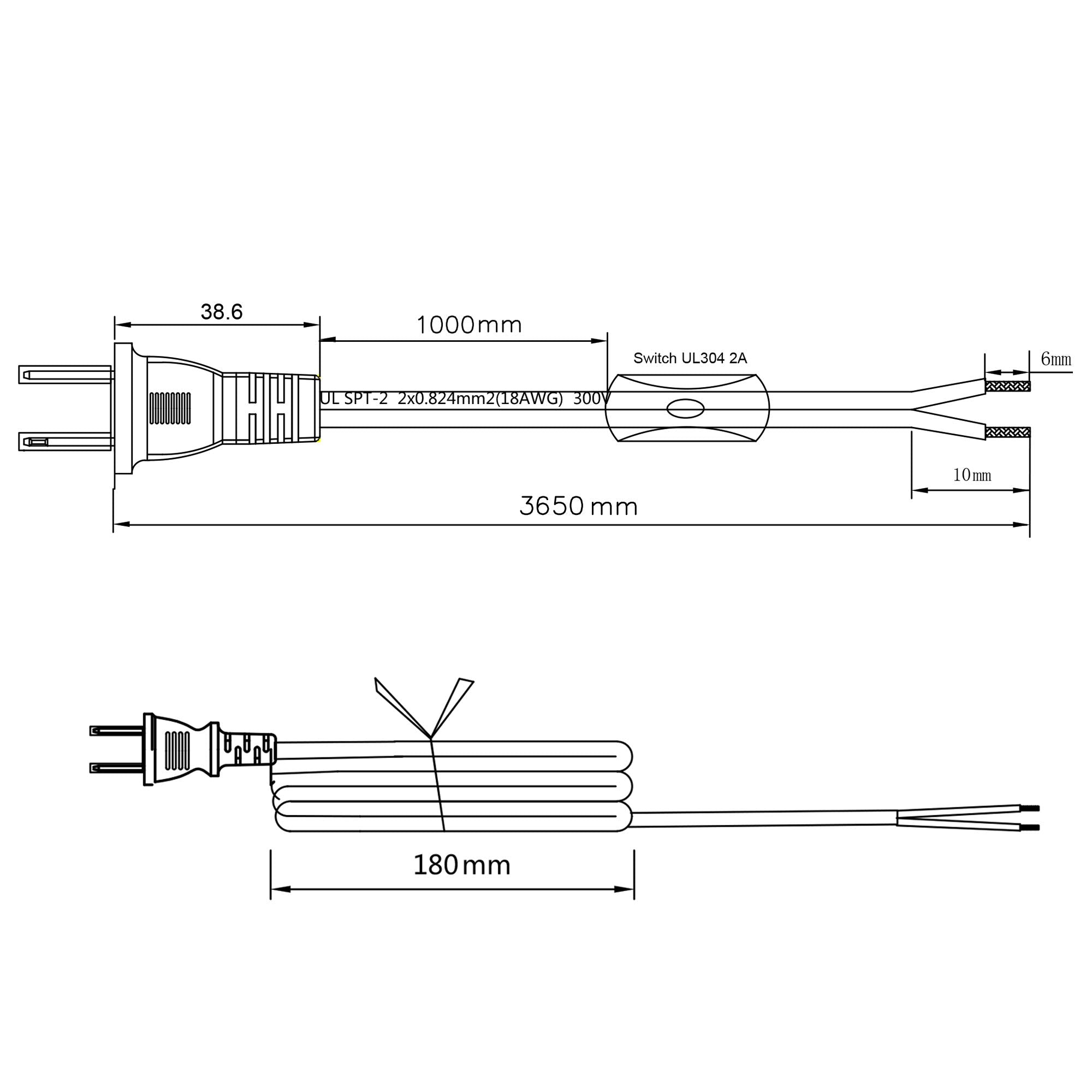 Lamp Cord Has Button Switch Ul304 2A/120V,Plug,Stripped Ends Ready For Wiring 18 Awg Spt 2, Black (12Ft)