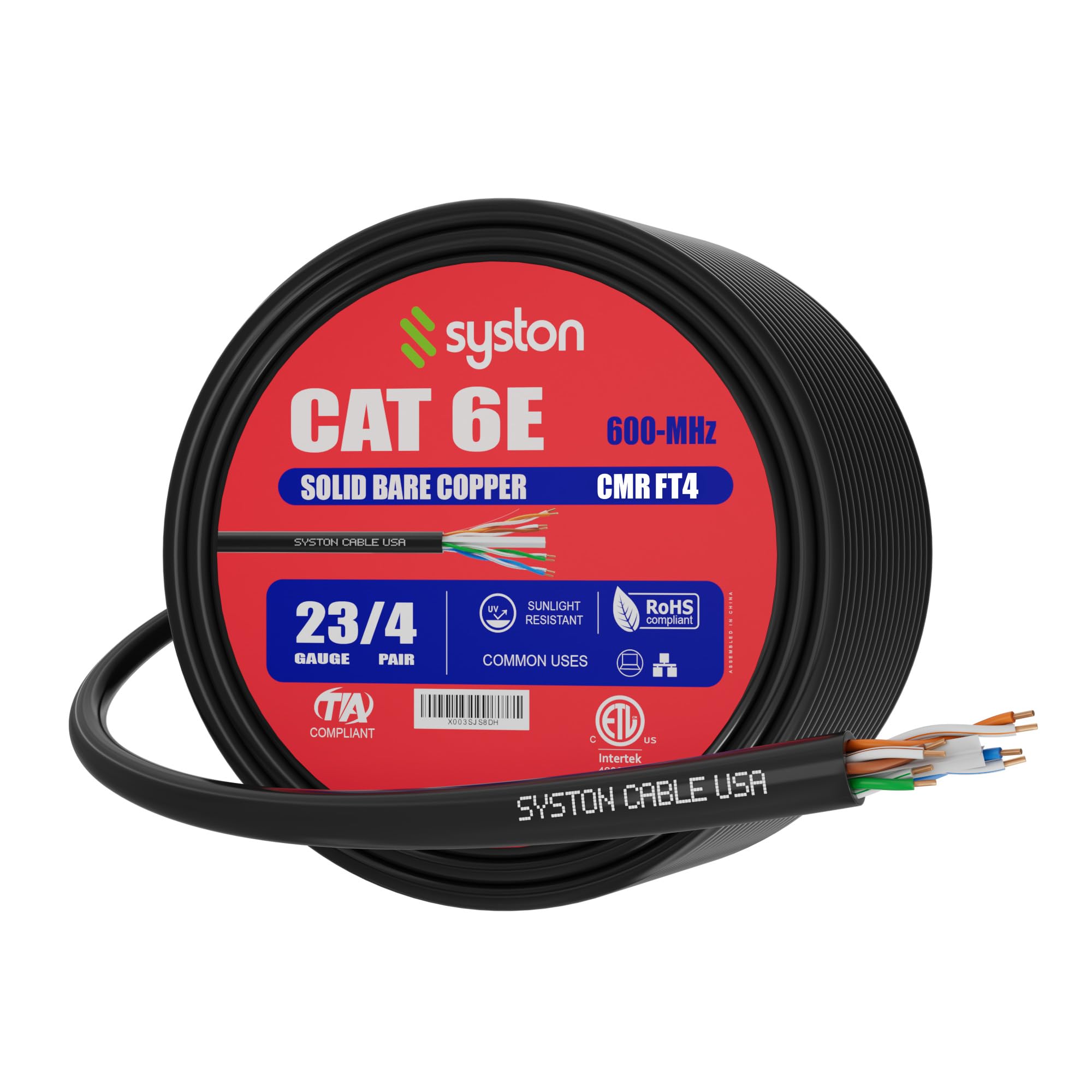 Syston Cable Technology Cat6(E) Ethernet Cable 23Awg 4 Pr Solid Bare Copper Bulk Raw 600Mhz 250 Ft Outdoor/Indoor Heat Resistant Riser Rated Cmr Black No Ends 1 Ft To 1000 Ft Available