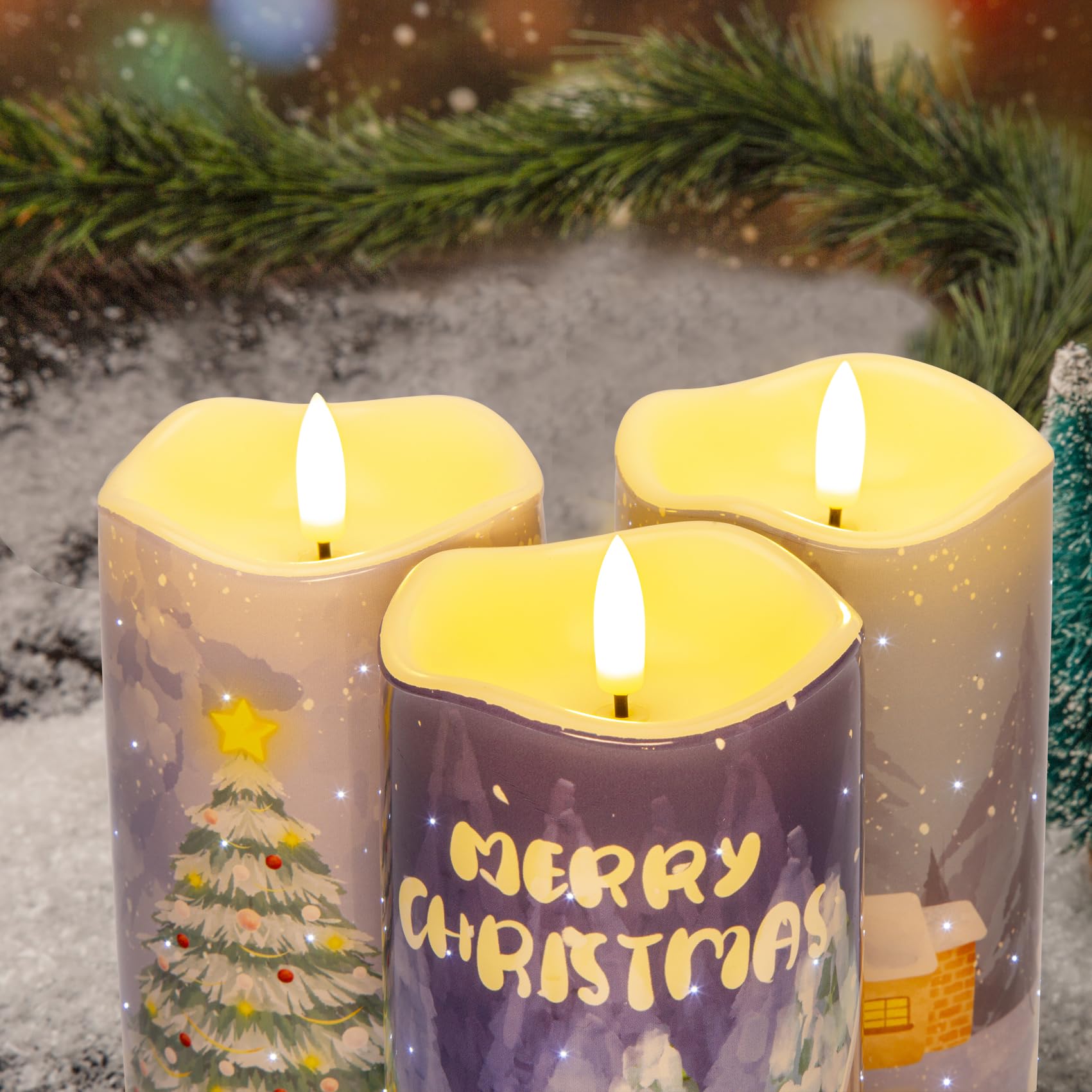 Eywamage Fiber Optic Christmas Flameless Pillar Candles With Remote, Flickering Xmas Battery Operated Led Candles Set Of 3