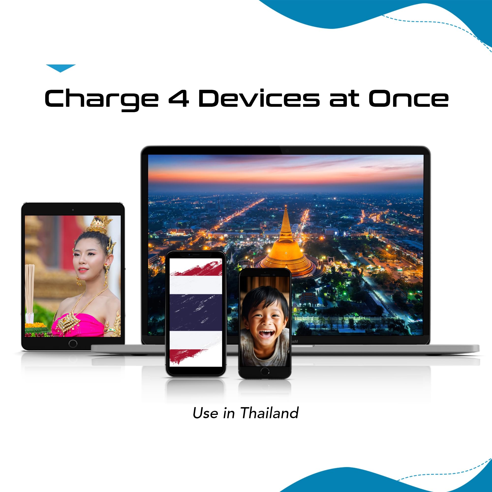 Ceptics Thailand Travel Adapter Set, 20W Pd & Qc, Type O   3.1A   4 In 1 2 Usa Inputs, 1 Usb Port, 1 Usb C Port   Compact, Power
