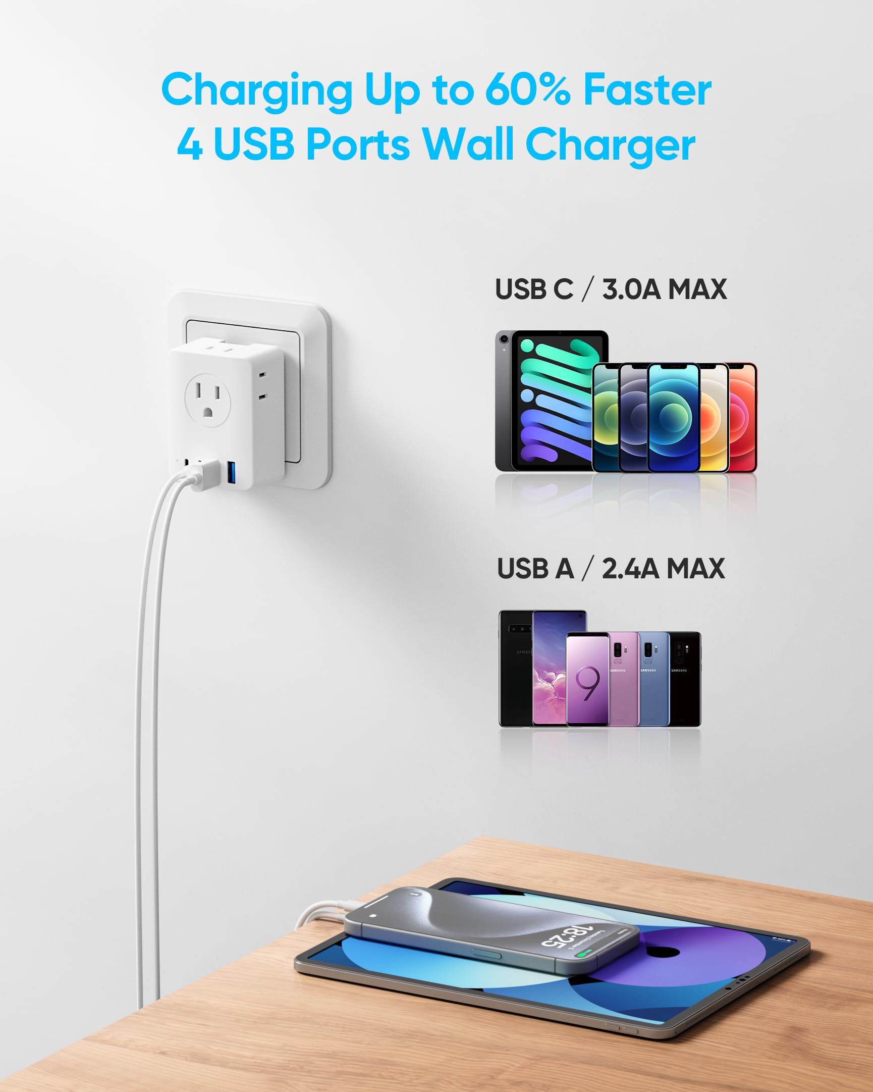 Kakyanill European Travel Plug Adapter, Detachable Adapter Type C/G/E/F Plug, 4 Ac Outlets, 4 Usb Ports (2 Usb C), Eu Uk Germay