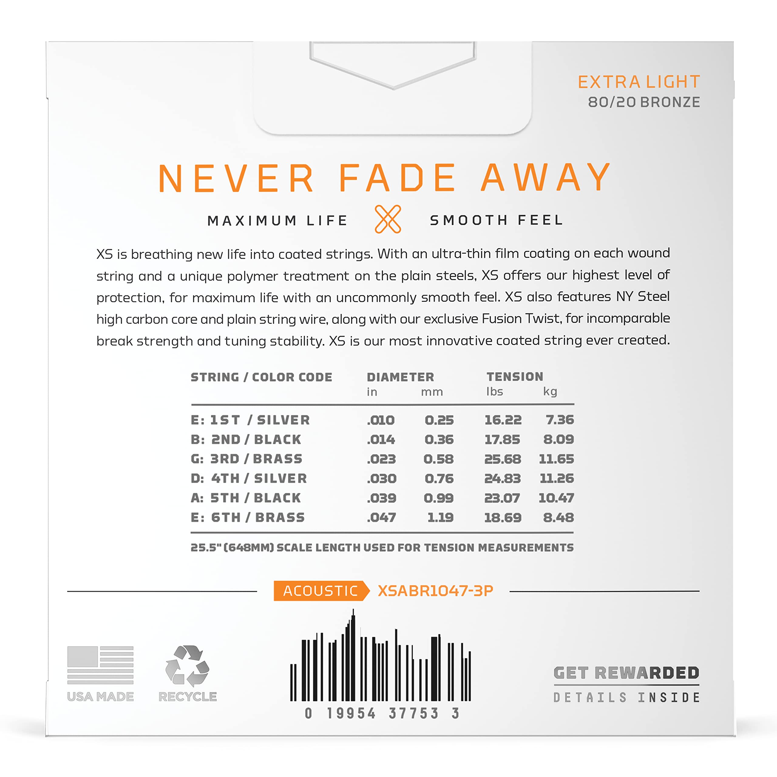 D'Addario Acoustic Guitar Strings, Xs 80/20 Bronze Coated, Xsabr1047 3P, Extra Light Gauge 10 47, 6 String Set, Pack Of 3