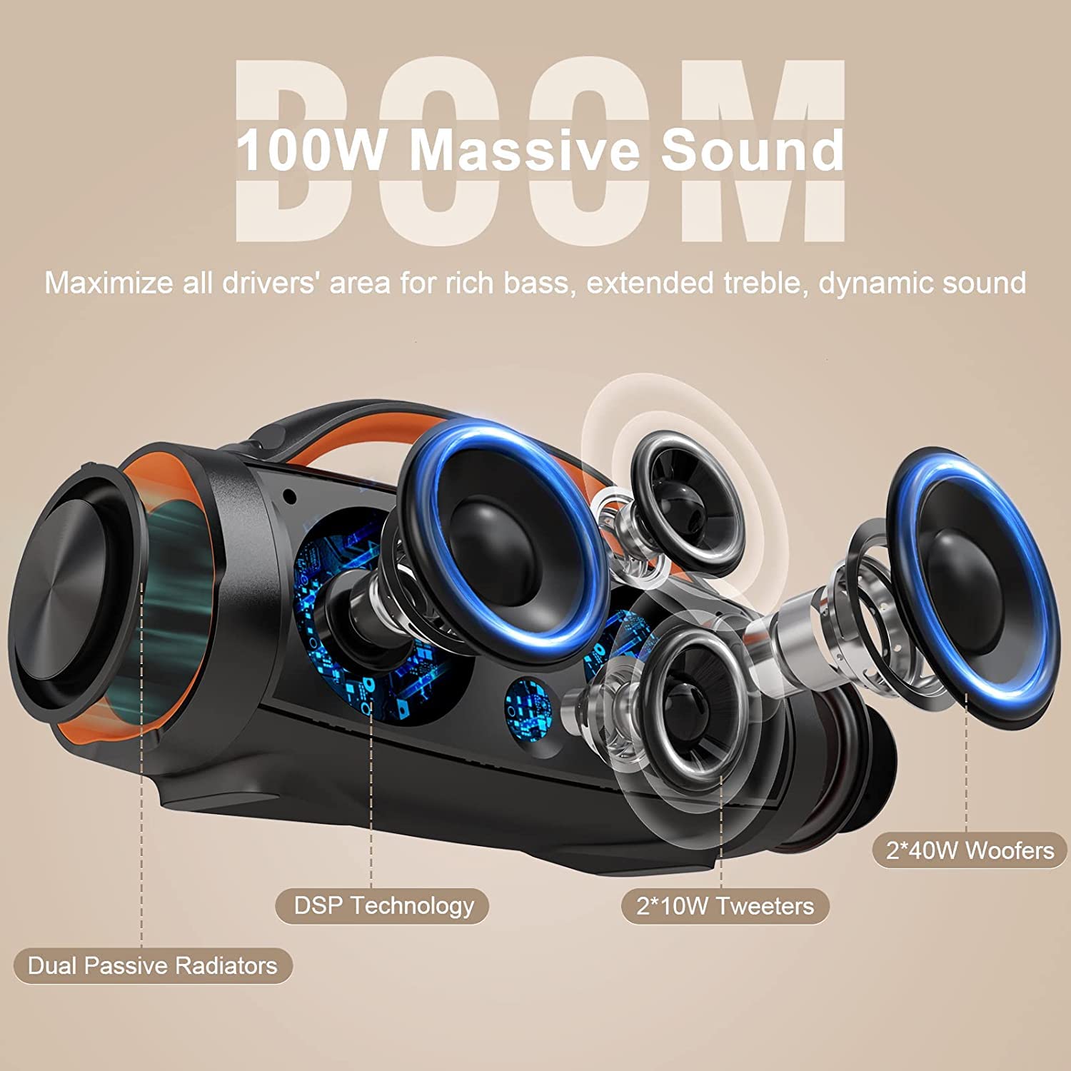 Doss Extreme Boom Pro Bluetooth Speaker With 100W Stereo Sound, Rich Bass, Ipx6 Waterproof, 20H Playtime, Power Bank, Mixed Color Light, Portable For Outdoor, Camping, Beach   Orange