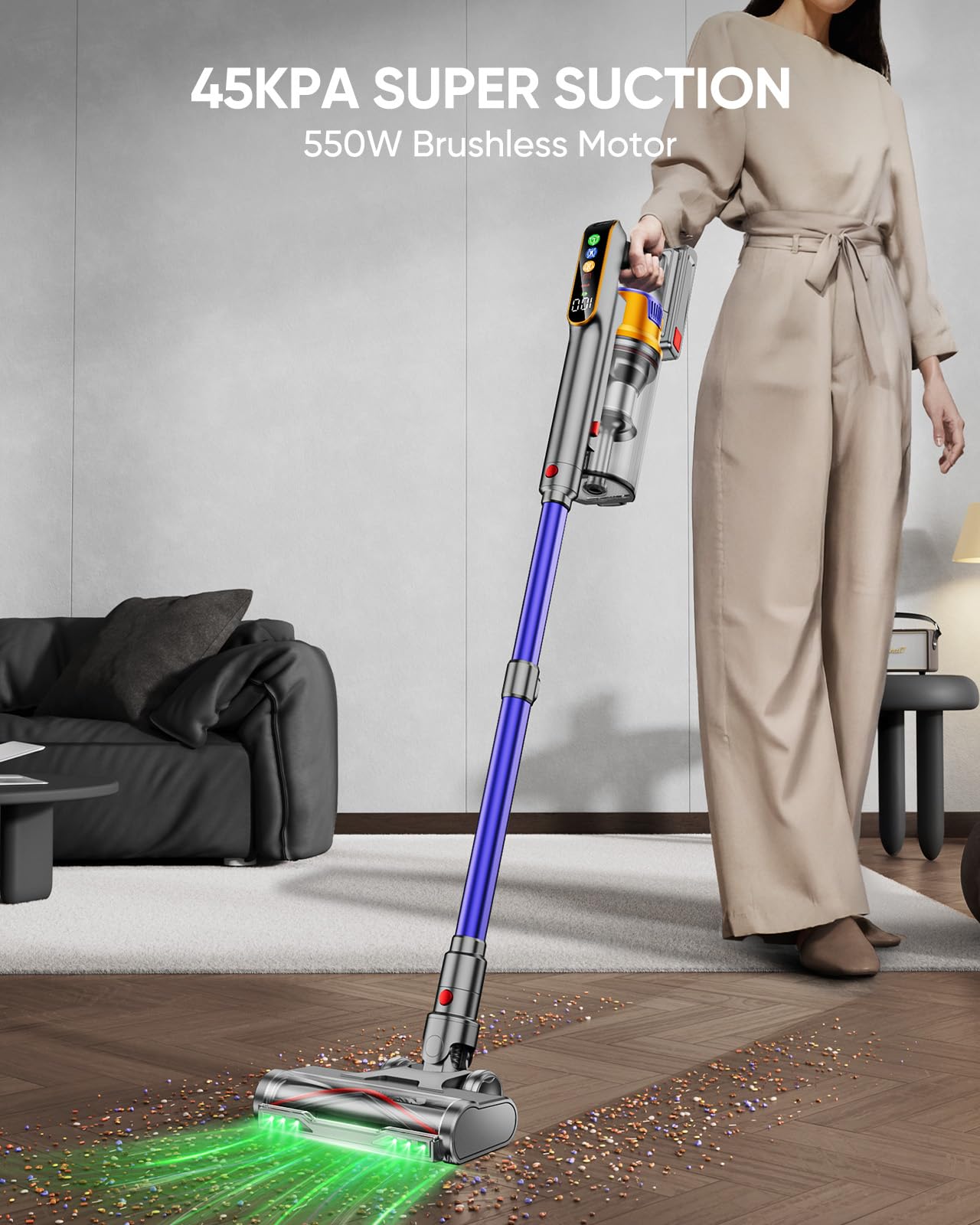 Diffull Cordless Vacuum Cleaner, 550W 45Kpa 60 Mins, Stick Vacuum With Wall Mount Charging, Anti Tangle Wireless Vacuum, Recharg