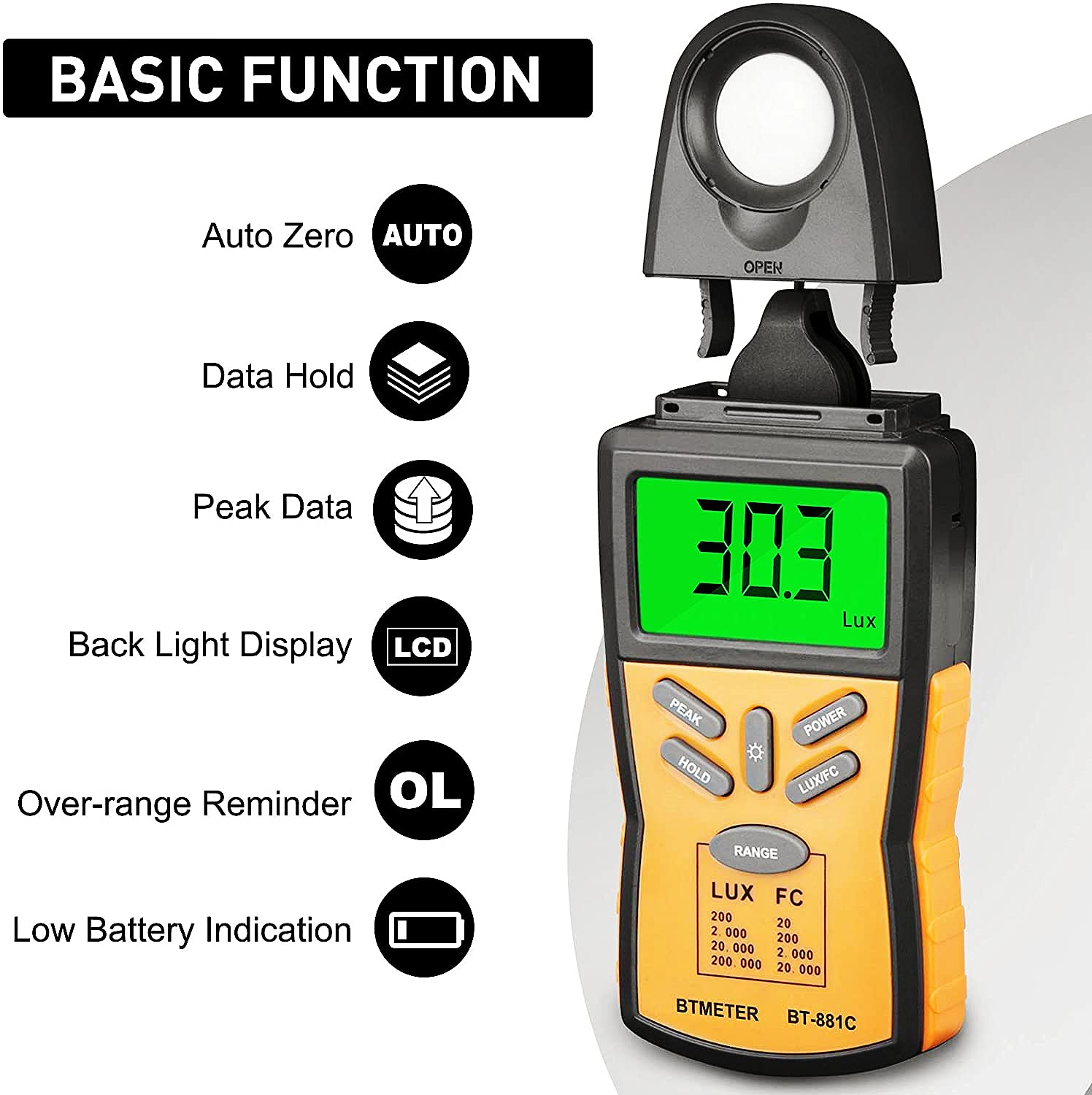 Btmeter Digital Illuminance Light Meter Bt 881C,Lumen/Fc Photometer,Luxmeter Sensor Measure 0.1~200000 Lux (0.01~20000Fc) Lights
