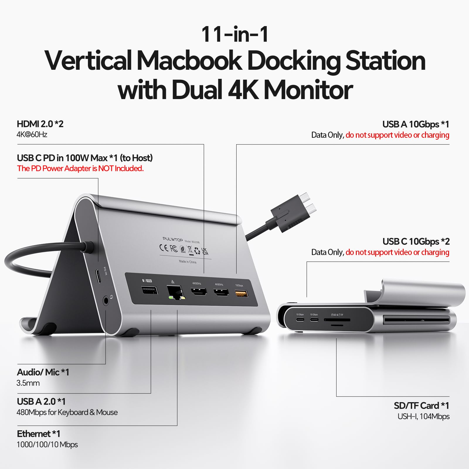Macbook Pro Docking Station Dual Monitor 4K@60Hz For Macbook Pro/Air M3 Pro/M4, Pulwtop Usb C Docking Station Stand Laptop Dock