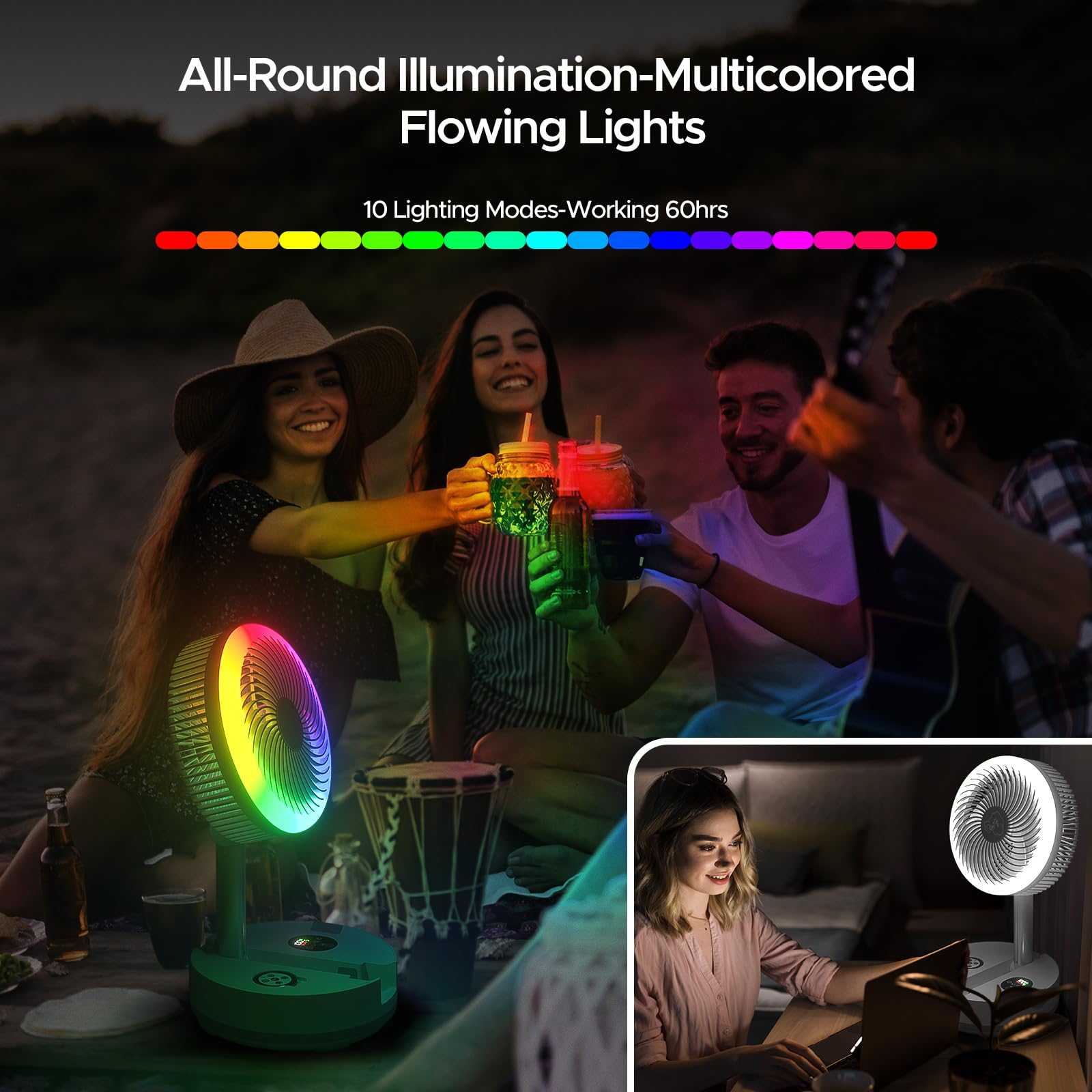 Neofeel Portable Oscillating Standing Fan, 40000Mah Rechargeable Battery Operated Fan With Remote/Timer, Rgb Lighting Fan, Pedes