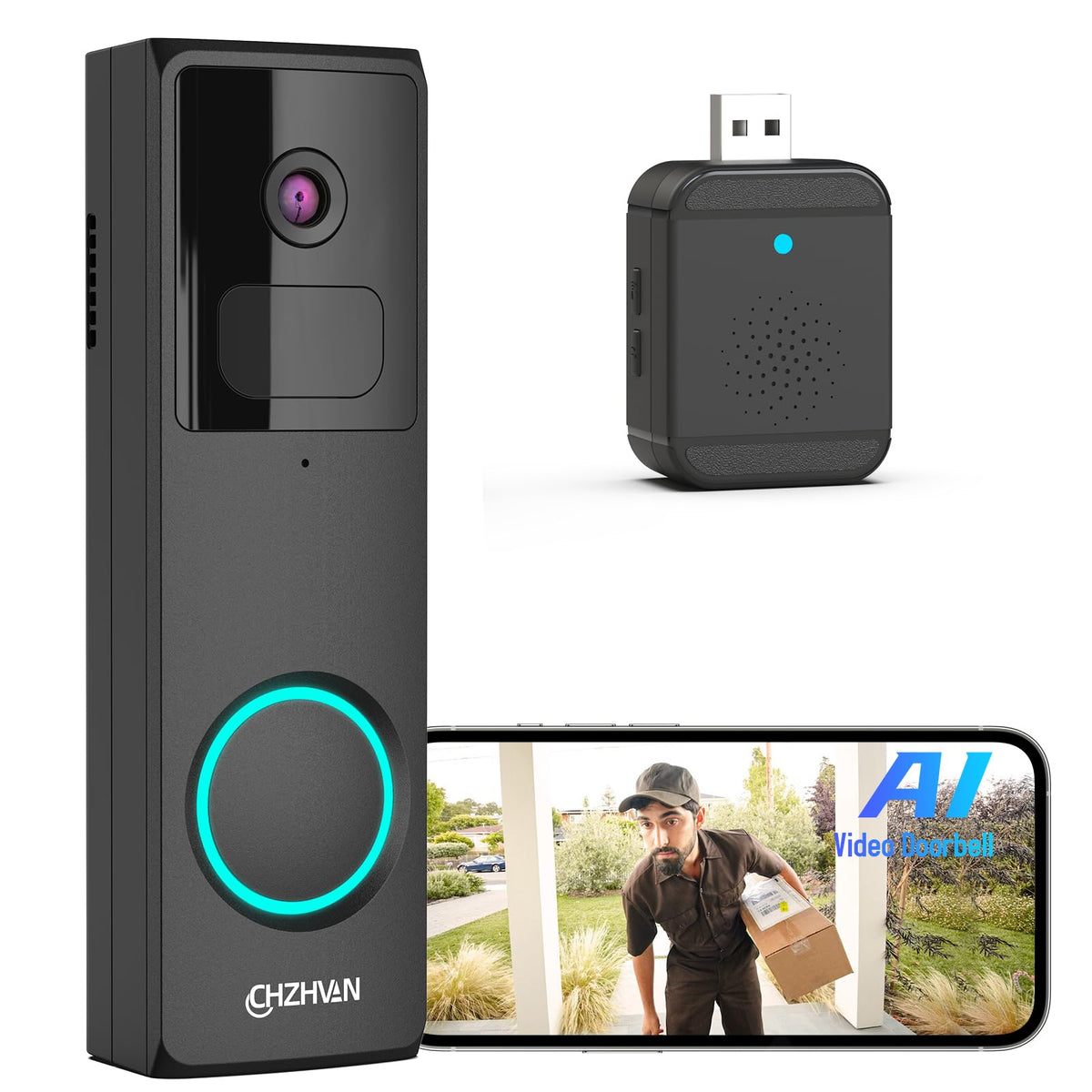 Chzhvan Doorbell Camera Wireless, Fhd Smart Video Doorbell Wireless With Ai Analysis, 2.4G Wi-Fi, Battery Powered, Anti Theft, P
