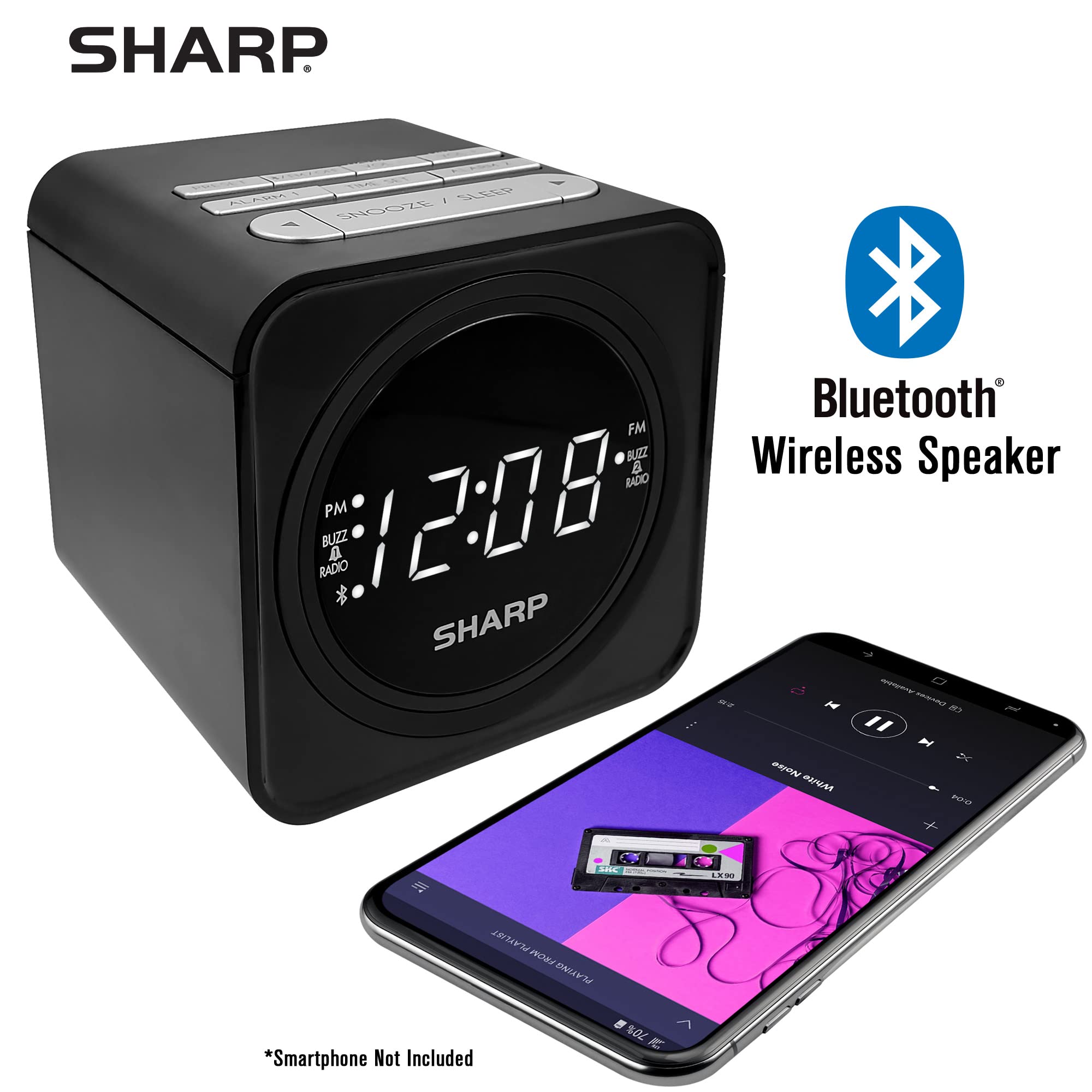 Sharp FM Clock Radio with Bluetooth Speaker, FastCharge 2 amp USB Charge Port, Wake to Alarm or Radio, Dual Alarms, Easy to Read LED White Display, Simple to Use, Easy to Read at a Glance