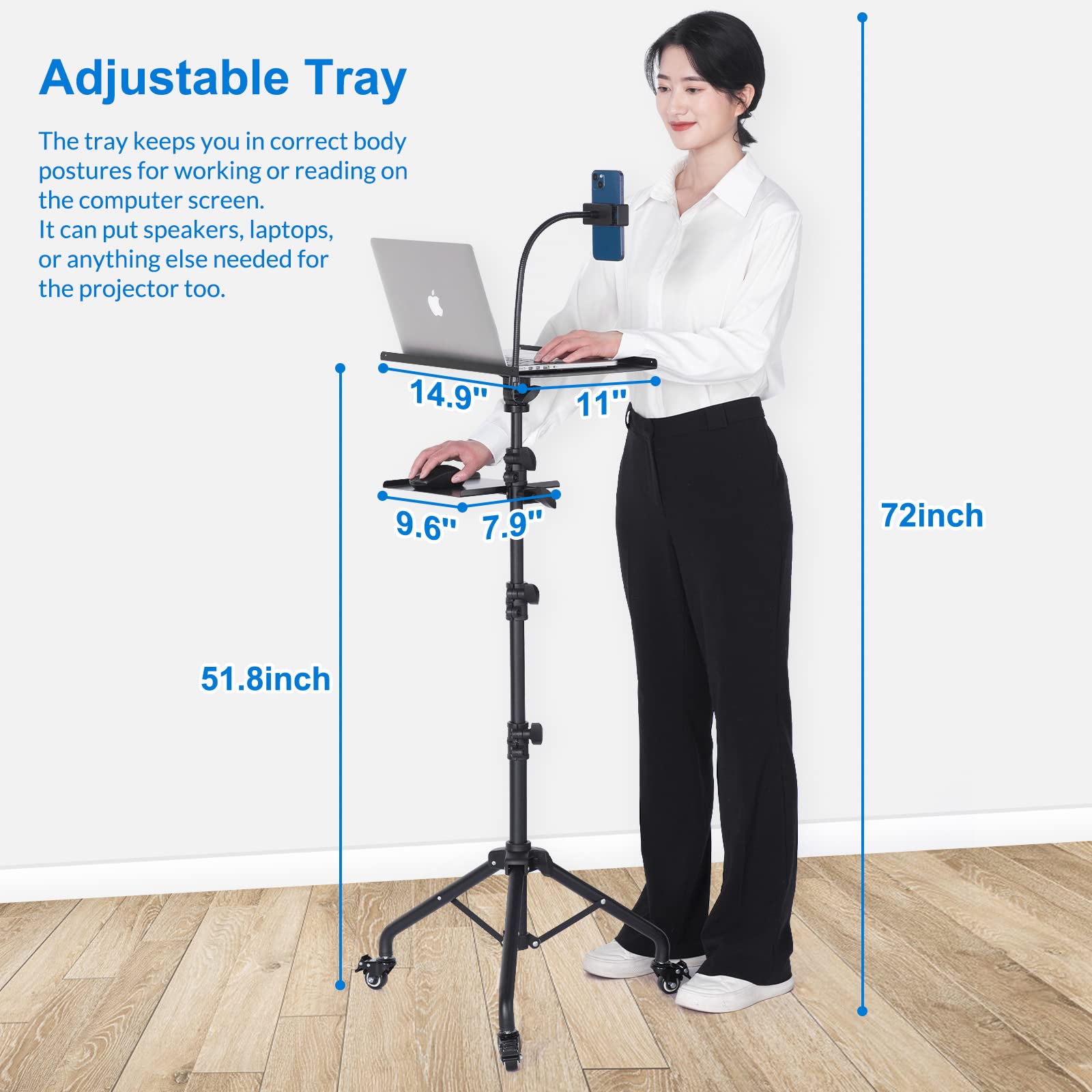 Tossbiss Projector Stand With Wheels, Laptop Tripod Stand With Phone Holder, Rolling Laptop Tripod With Mouse Tray, Adjustable &