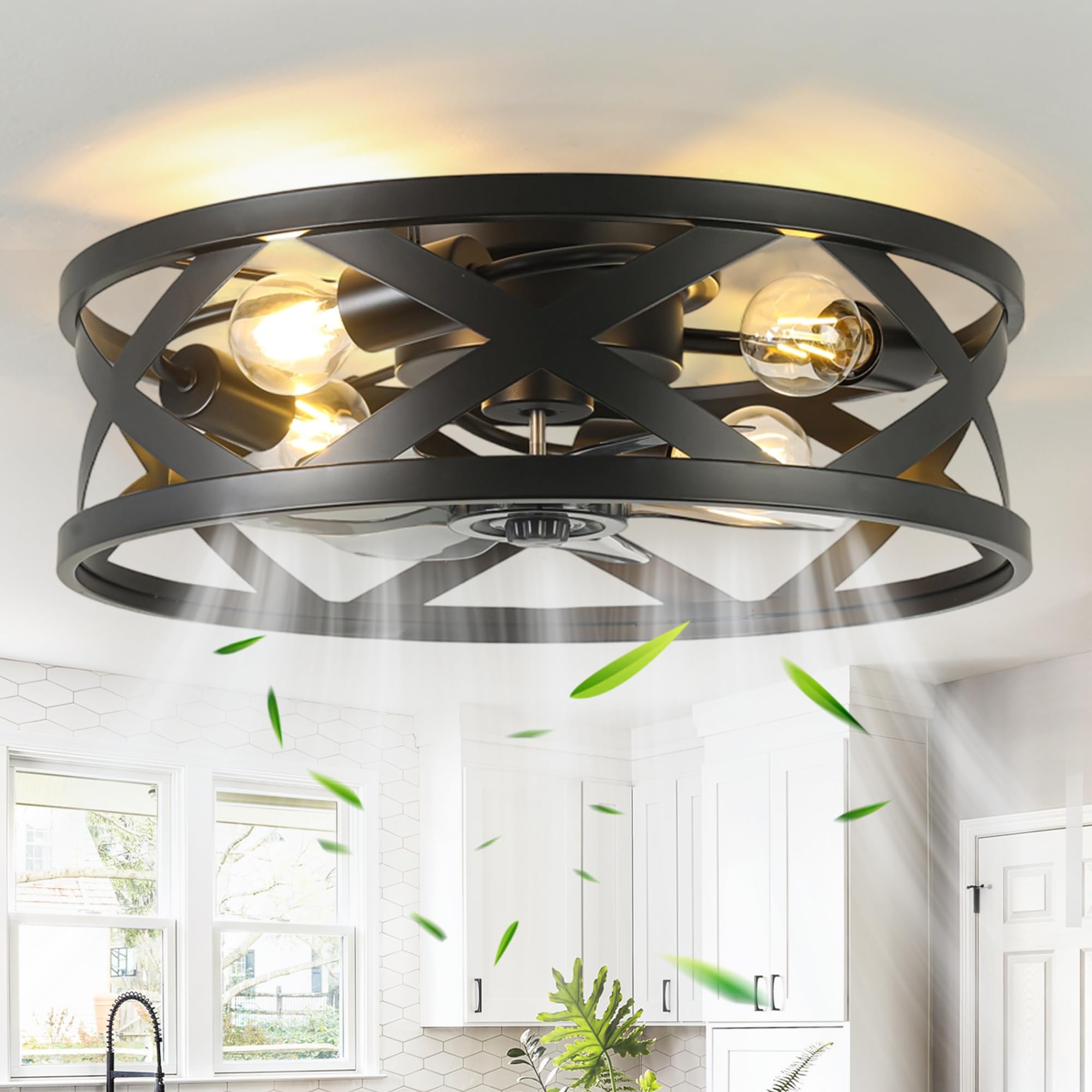 20 Inch Caged Ceiling Fan Light with Remote, Black Flush Mount Bladeless Ceiling Fan with 6 Speed Reversible DC Motor, Fandelier