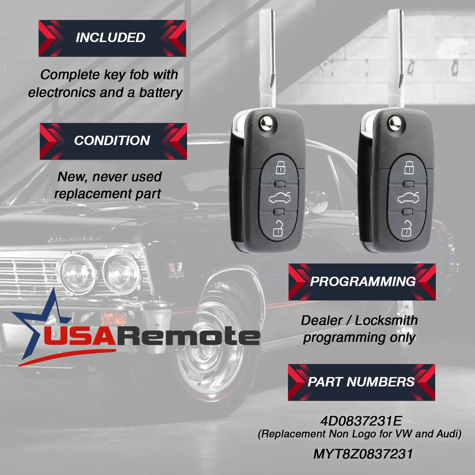 Replacement Keyless Entry Remote Flip Key Fob Fits 1998 1999 2000 2001 Vw Beetle, Golf, Jetta, Passat (Hlo1J0959753F, Set Of 2)