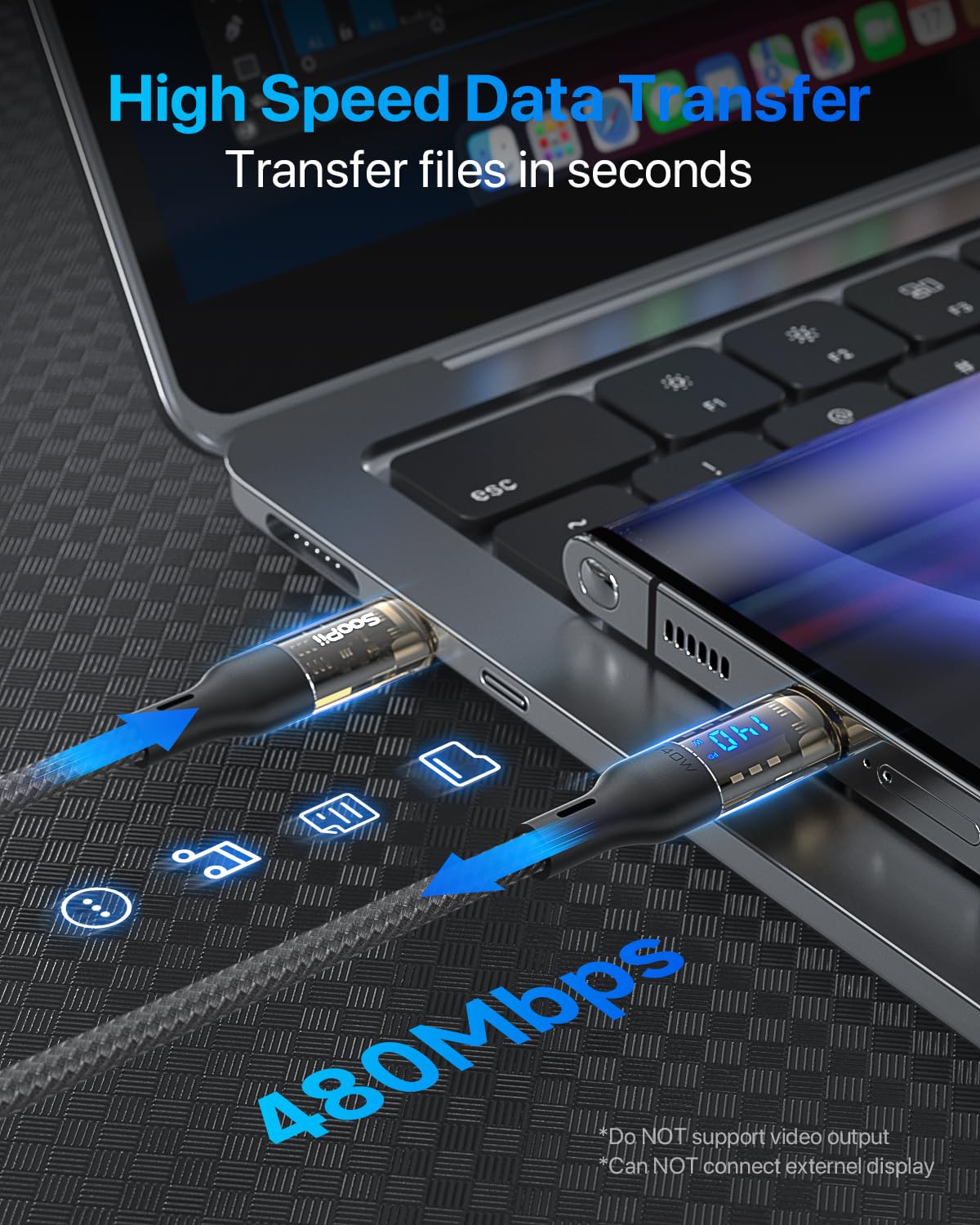 Soopii Usb C To Usb C Cable [140W 6.6Ft],Fast Charging Usb C Cable With Led Display For Macbook Pro,Lphone15/15Pro/15Promax,Gala