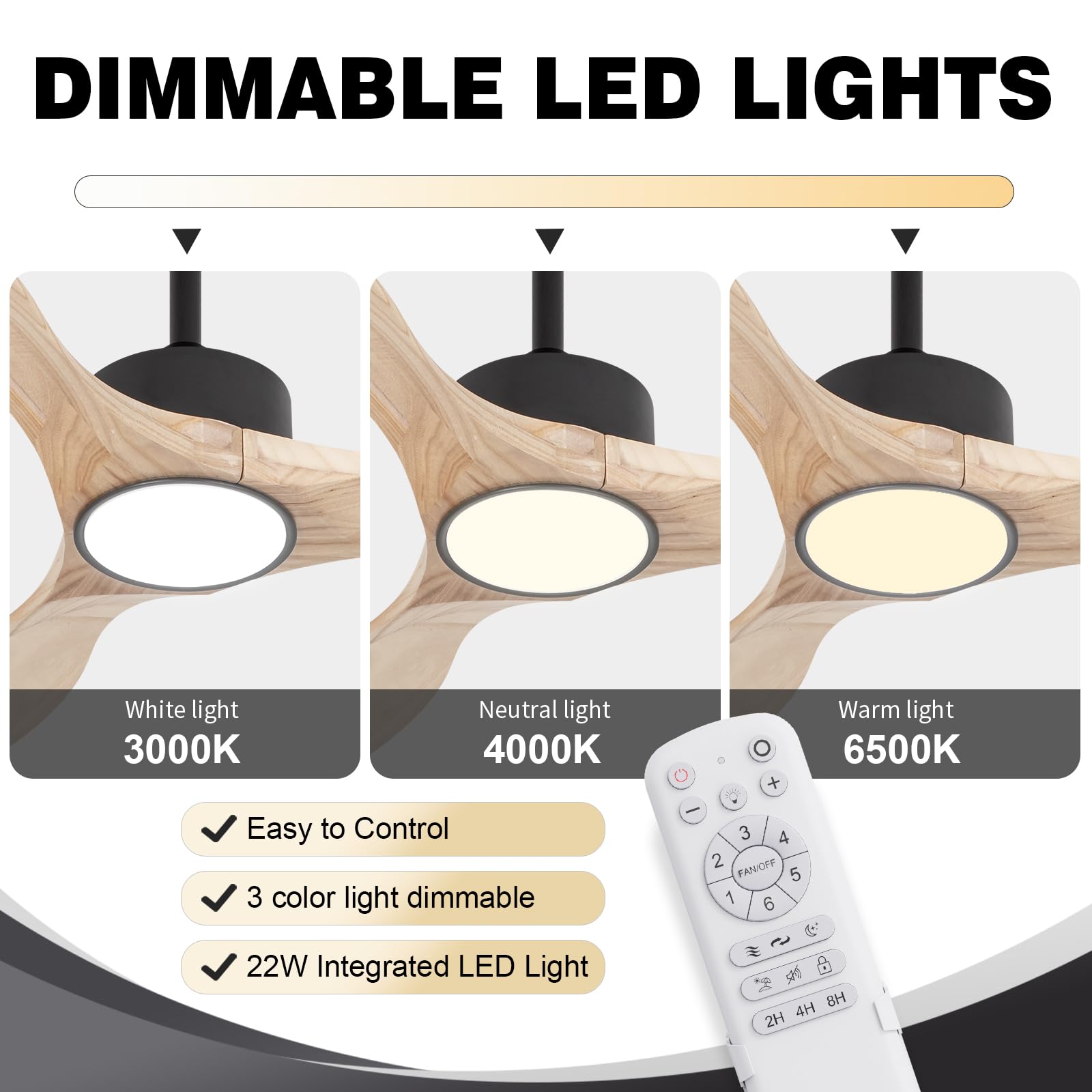 Revoici 52Inch Natural Wood Ceiling Fan With Light,Modern Farmhouse Style,Remote Control,Weathered & Light,Outdoor & Indoor,Bedr