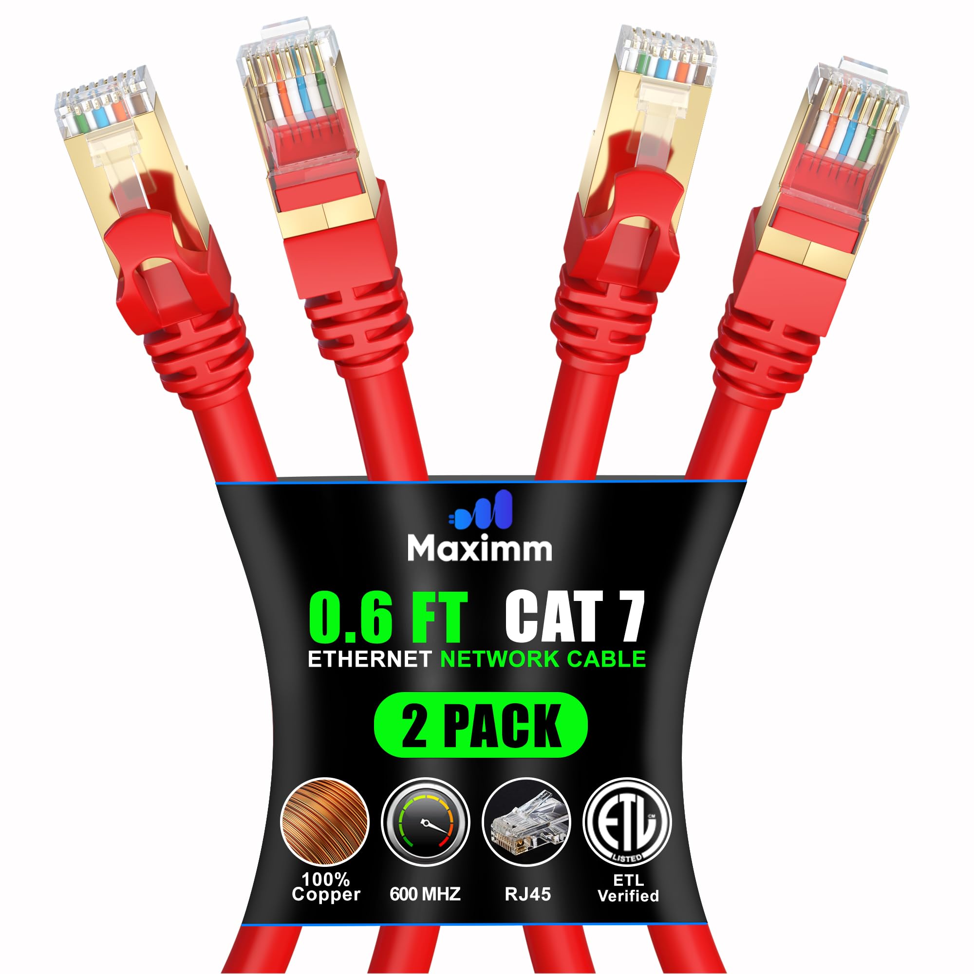 Cat 7 Ethernet Cable 0.6 ft  HighSpeed Internet & Network LAN Patch Cable, RJ45 Connectors  0.6ft / Red / 2 Pack  Perfect fo