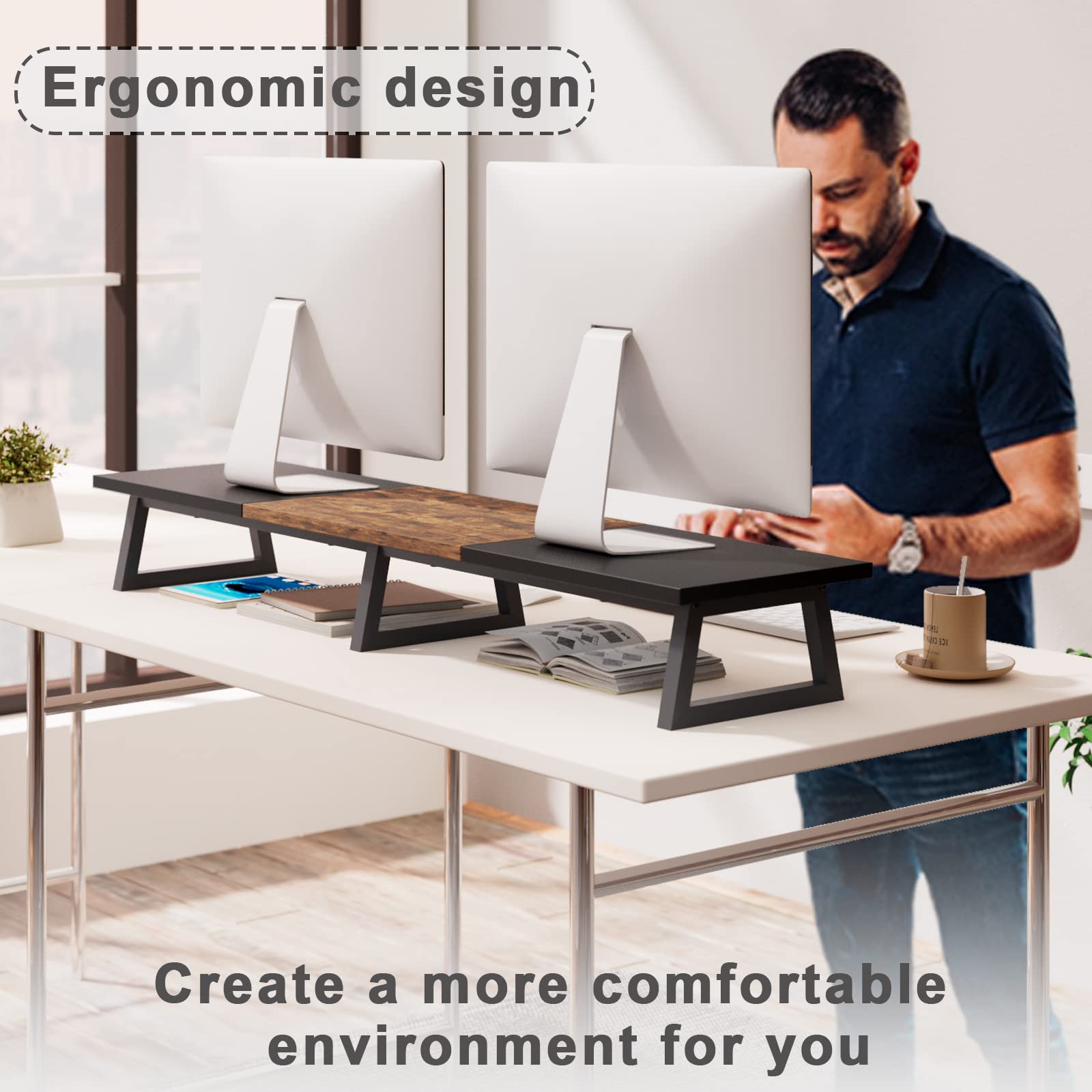 TEAMIX Dual Monitor Riser Stand, 42 Inch Wood & Steel Desktop Organizer, Black+Brown, Model DS100BE