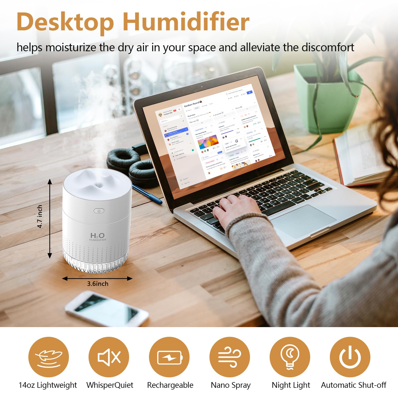 Hotbag Portable Mini Humidifier For Plants Indoor 500Ml Small Cool Mist Humidifier Usb Rechargeable Mini Humidifier For Desk Tra