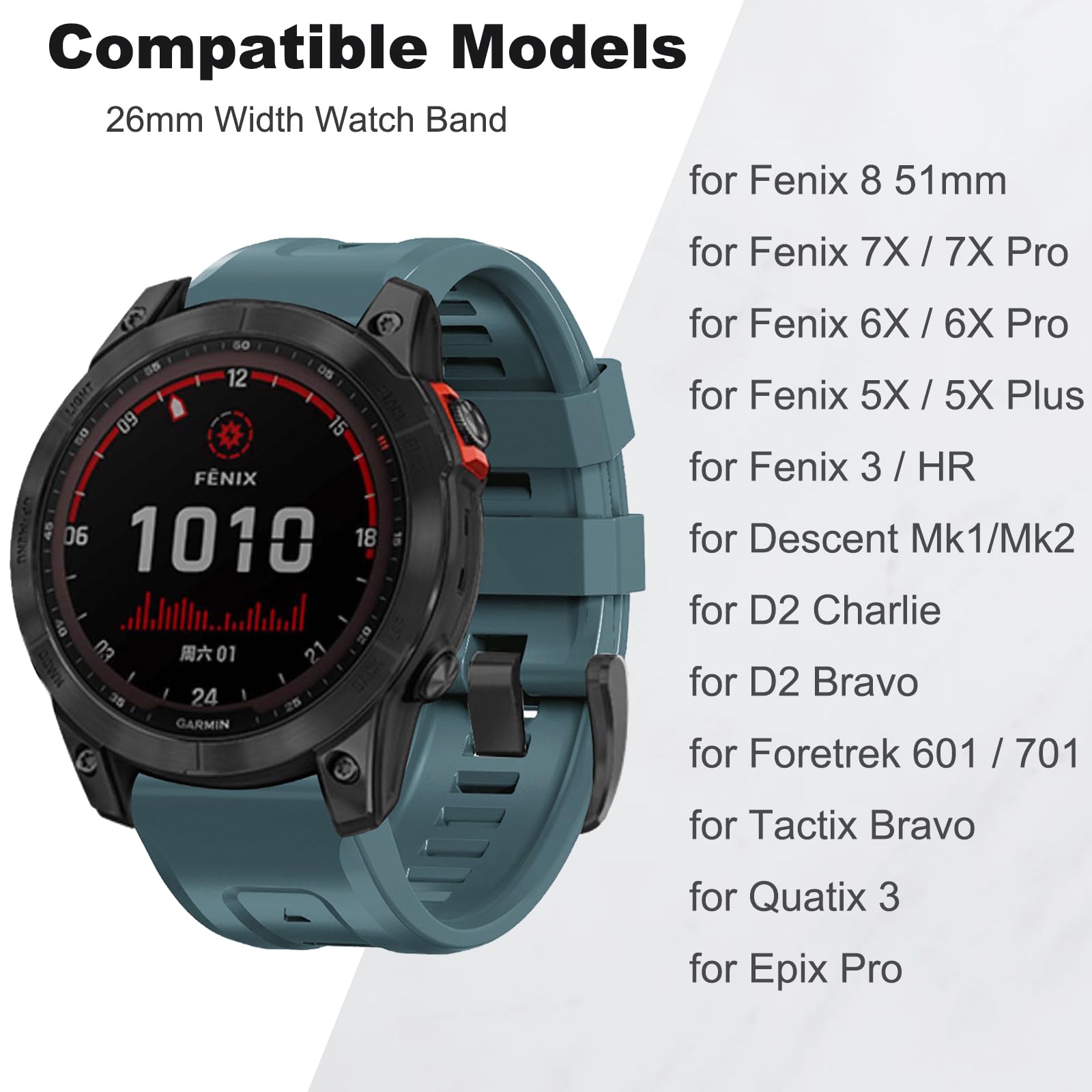 Threeeggs 26Mm Quickfit Watch Band For Garmin Fenix 7X 6X 5X, Silicone Bands Strap For Fenix 8 51Mm, Fenix 3/3 Sapphire, Descent