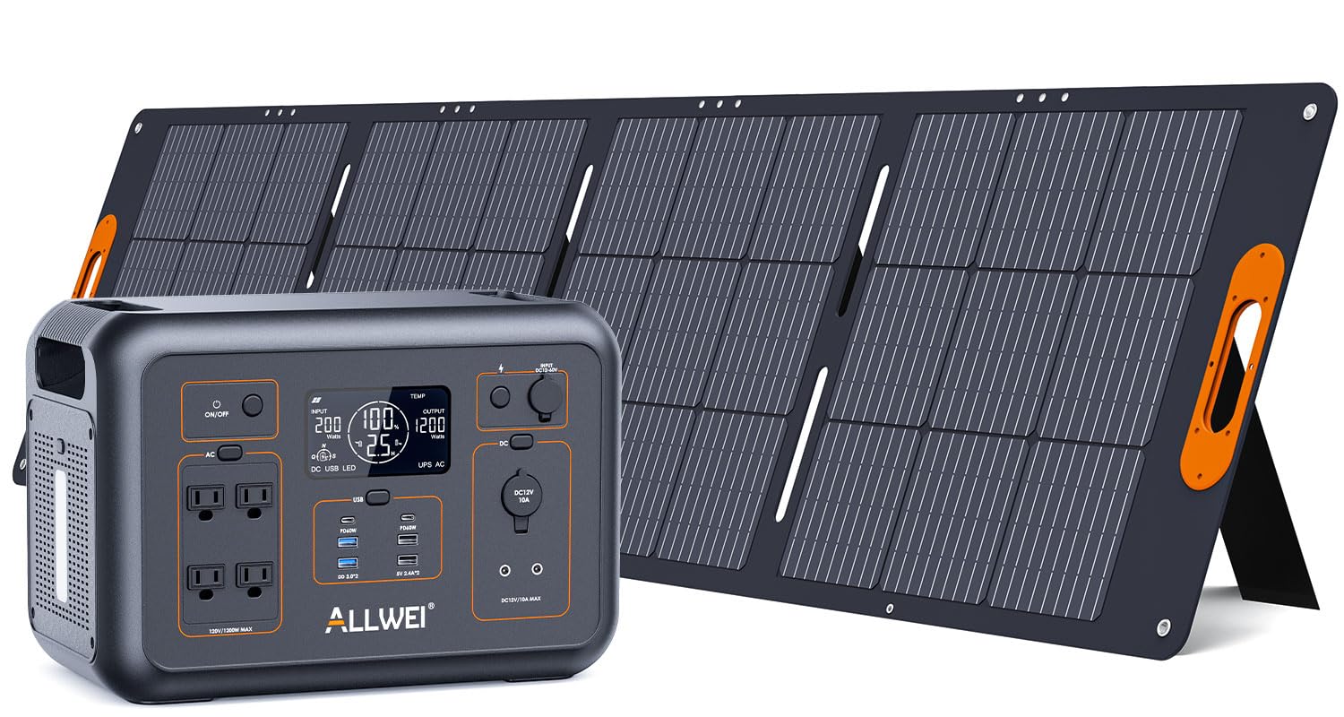 ALLWEI LiFePO4 Portable Power Station 1200W with 1 * 200W Solar Panel, Fast Charge in 1.5Hrs, 1008Wh Solar Generator(Peak 2400W)