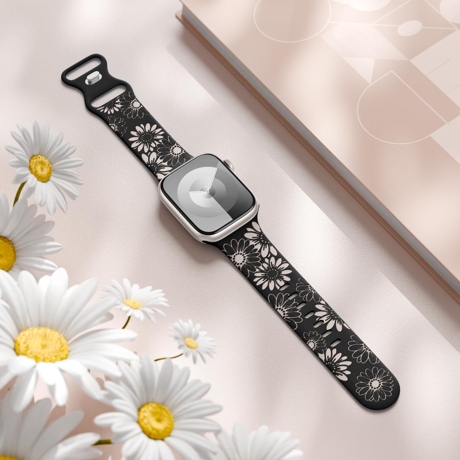 Daqin Floral Engraved Band Compatible With Apple Watch Band 40Mm 41Mm 38Mm Women, Cute Two Tone Flower Soft Silicone Sport Strap