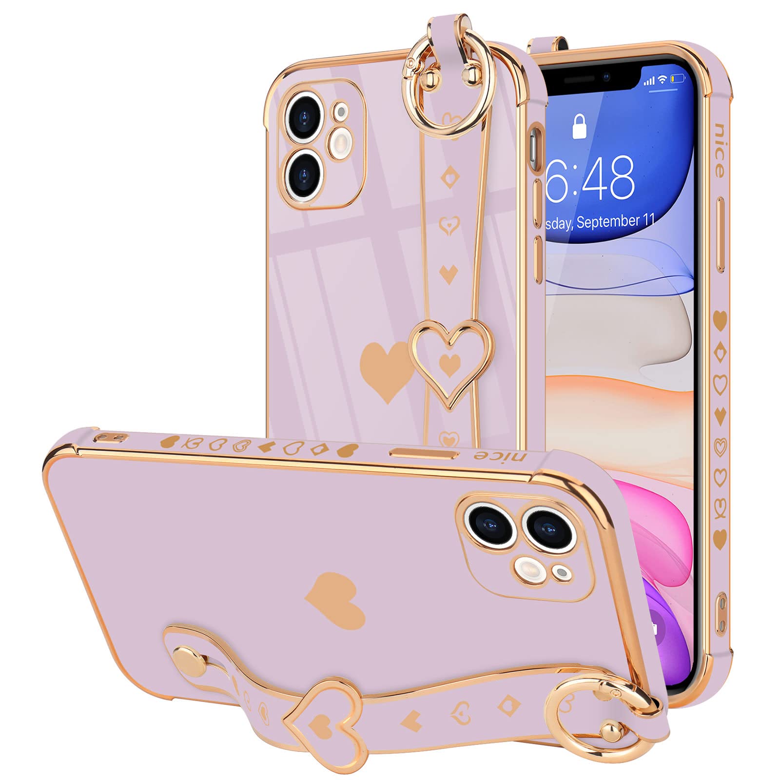 Llz.Coque Iphone 11 Cute Love Heart Case With Wristband, Bling Silicone Bumper, Camera Lens Protection   Purple (6.1'')