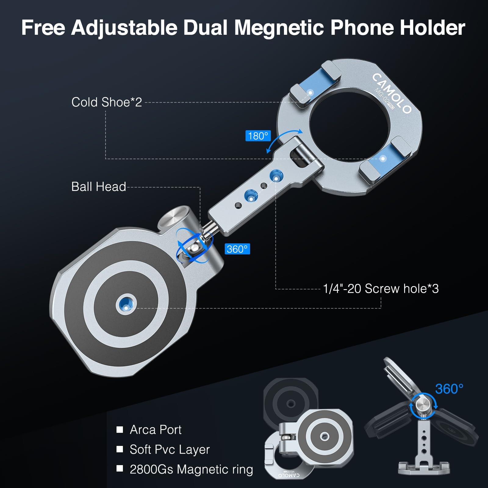 Camolo Geek Dual Magnetic Phone Holder Compatiable With Magsafe For Iphone 16 15 14 13 12 Pro Max Plus Series, Mg-02 Pro 1/4''-2